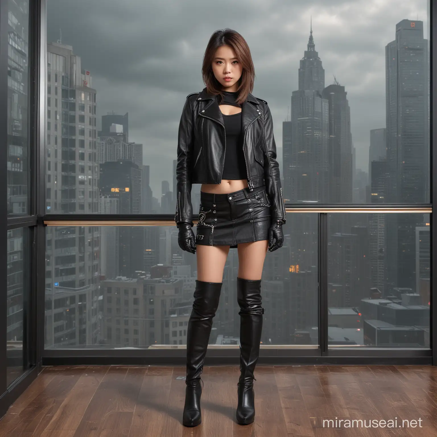 full body shot, head to feet standing pose, asian teenage girl, hitwoman, female mafia, assassin, pretty teenager japanese girl face, big eyes, plump figure, light brown straight hair, clad black  leather jacket, black leather mini skirt, high heel thigh high boots, donning full finger leather gloves, 4 long fingers, standing pose, right hand holding a suppressed pistol with focused intent, black leather tactical gears, surrounded by the corporate ambiance of a high-rise office, photo realistic, dramatic