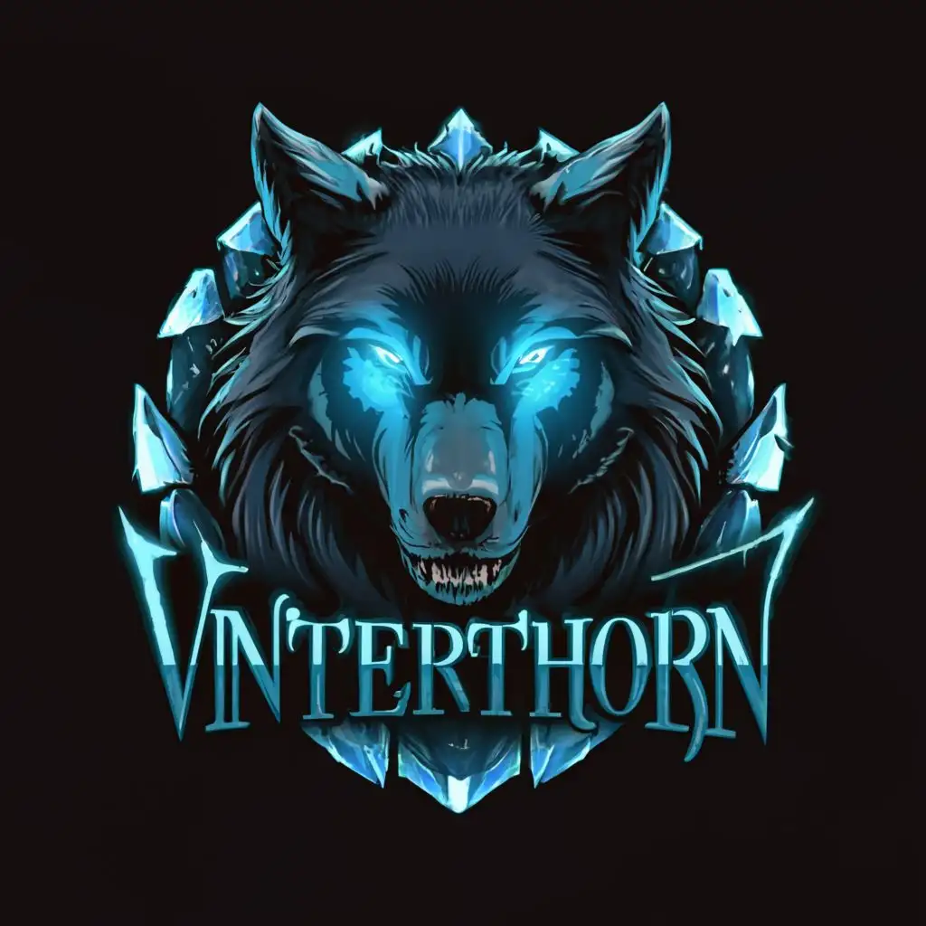logo, Black background with a Werewolf as backdrop image. The Werewolf should look ultra realistic or hyperrealistic. A circle of ice-blue shards of crystal shall surround the whole logo. Logo name Vinterthorn shall run in front from left to right in white lettering with ice-blue text shadow., with the text "Vinterthorn", typography, be used in Entertainment industry