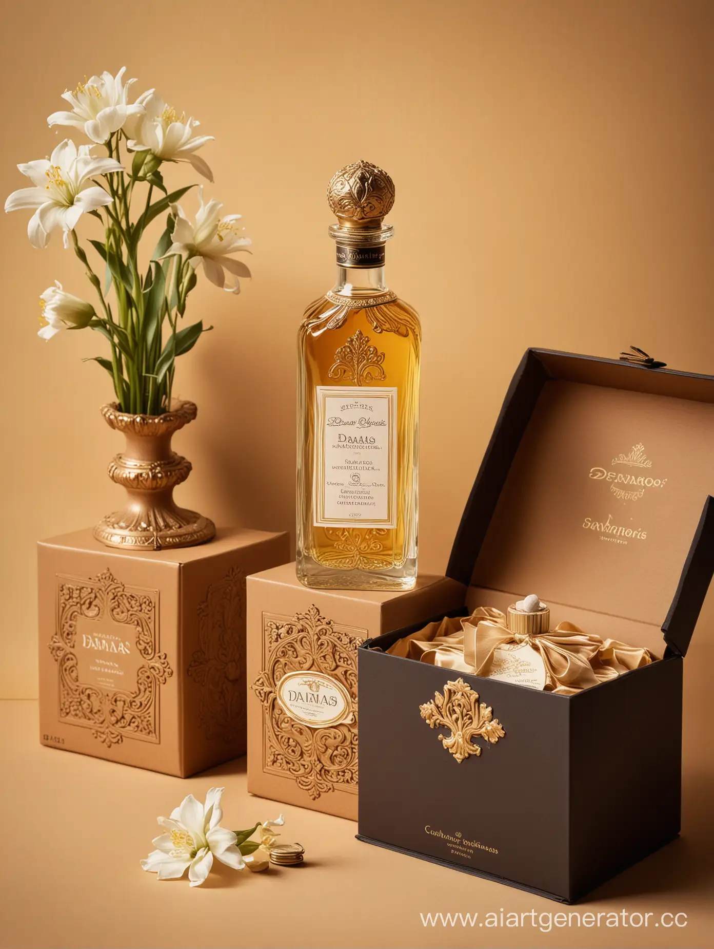 a bottle of damas cologne sitting next to a box, a flemish Baroque by Demetrios Farmakopoulos, instagram contest winner, dau-al-set, dynamic composition, contest winner, feminine
golden background