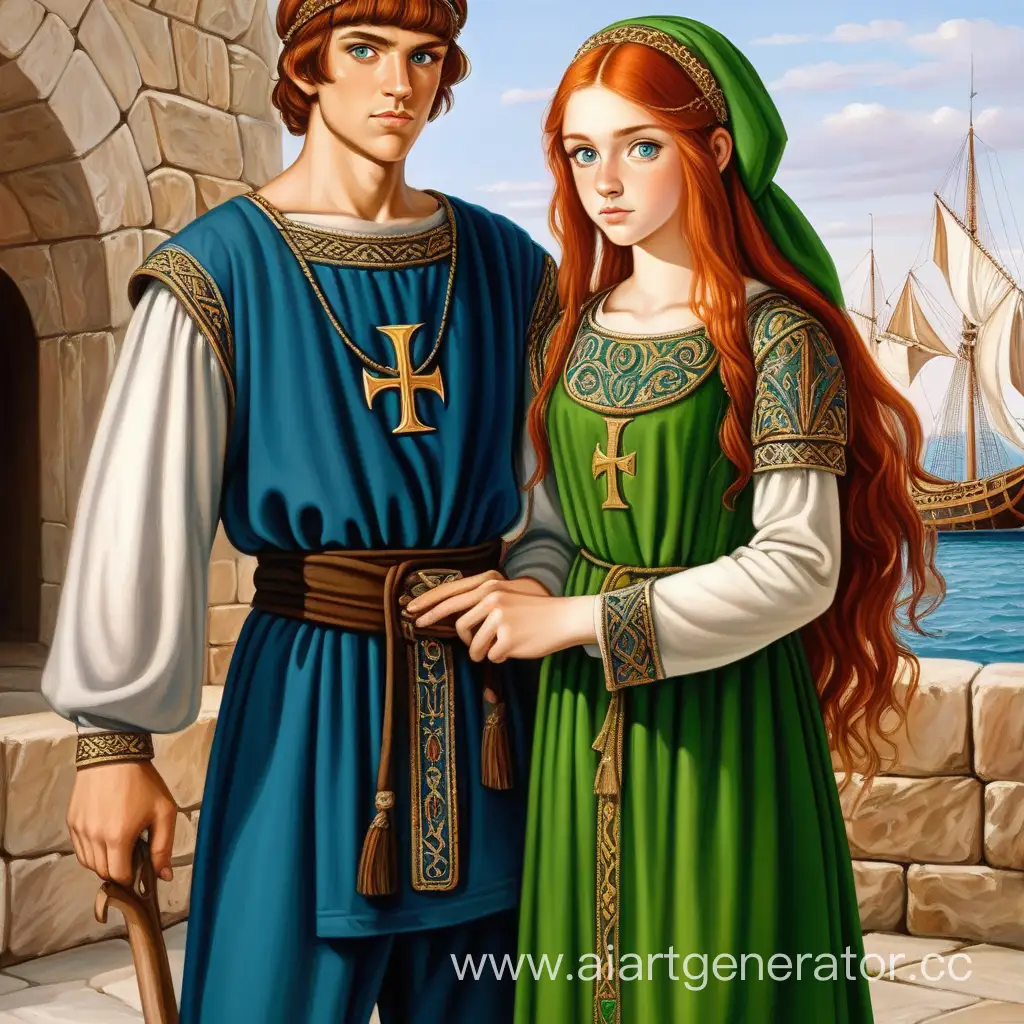 мужчина и девочка 13 век. 14-ти летняя девочка :  , с голубыми глазами, в зеленых одеяниях , светло-рыжие волосы  мужчина 22 года : Византийский корабельщик 13 века , красивый, темные волосы , темные глаза .  Свадьба , пара