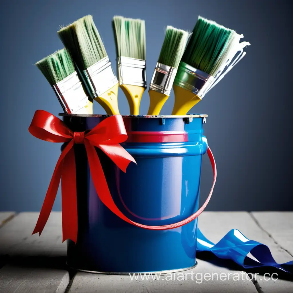 Vibrant-Sealed-Paint-Bucket-with-Construction-Brushes-Tied-in-Gift-Ribbon