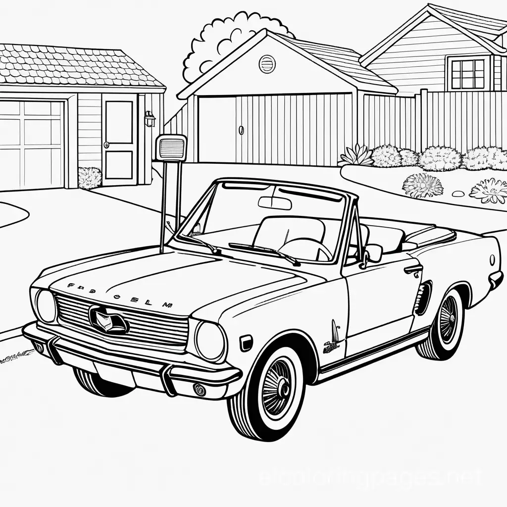 60's convertible car by garage , Coloring Page, black and white, line art, white background, Simplicity, Ample White Space. The background of the coloring page is plain white to make it easy for young children to color within the lines. The outlines of all the subjects are easy to distinguish, making it simple for kids to color without too much difficulty, Coloring Page, black and white, line art, white background, Simplicity, Ample White Space. The background of the coloring page is plain white to make it easy for young children to color within the lines. The outlines of all the subjects are easy to distinguish, making it simple for kids to color without too much difficulty