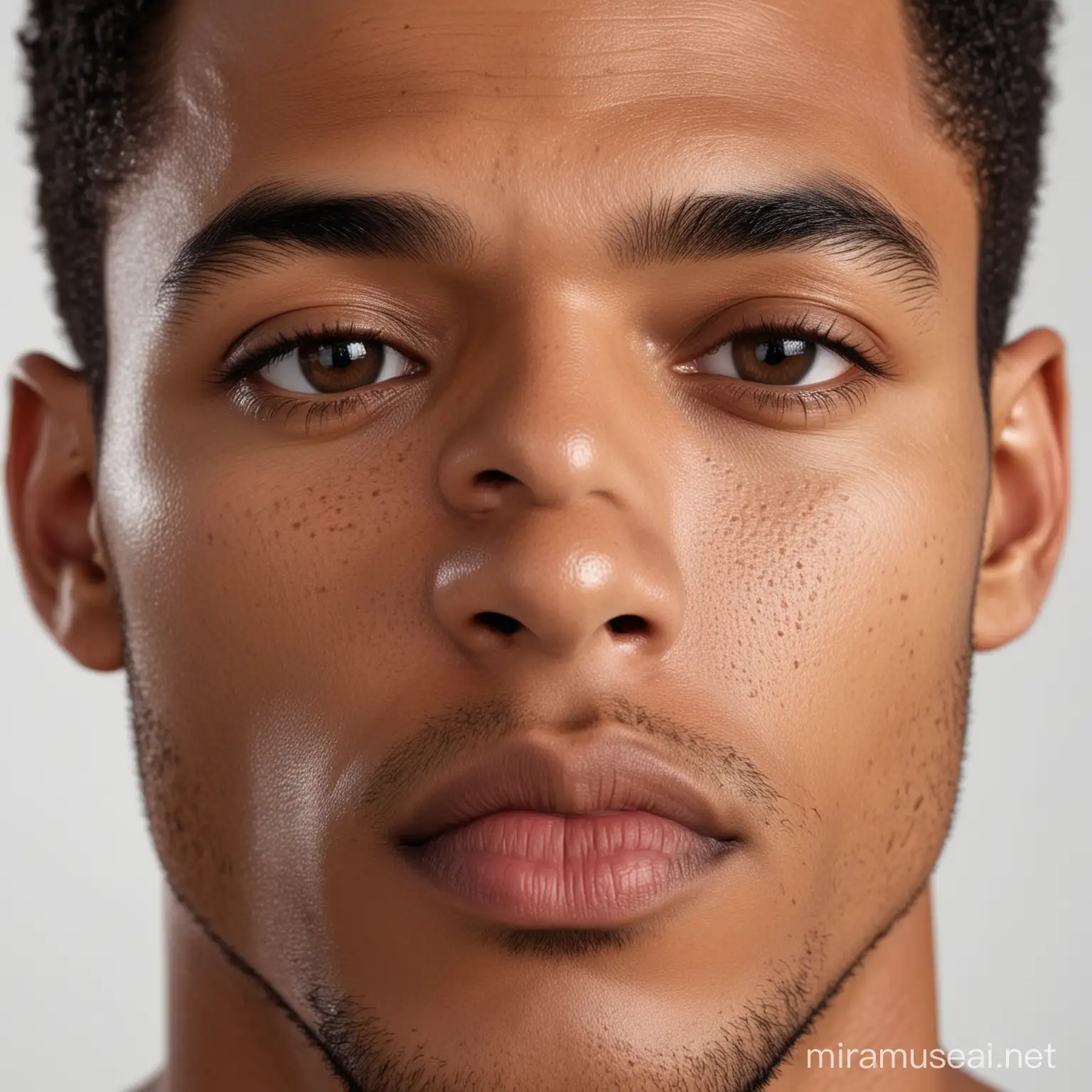 4k quality HQ pores black man american mixed biracial strong features high cheekbones medium skin brown front facing white background light brown strong jawline shine on skin handsome model shot no shadows on face