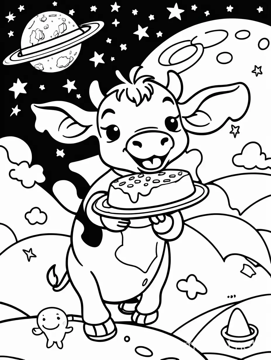 Coloring page for kids of a  cute baby cow eating cheese on the moon with a flying saucer in the background, black lines and white background only black and white
