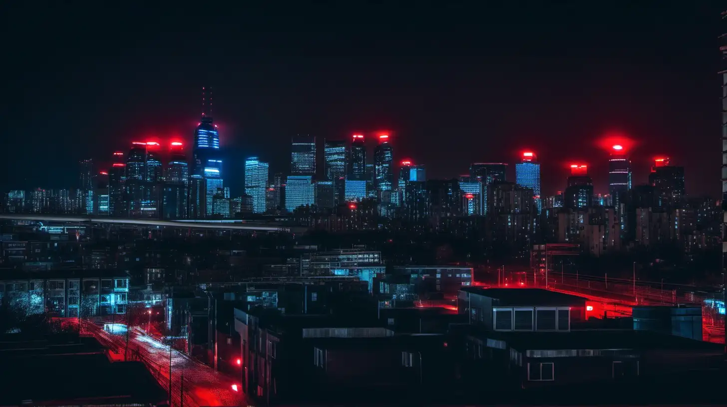 A cityscape under police surveillance with red and blue lights casting an eerie glow across the city), (Nikon Z9 with a 24-70mm f/2.8 lens), (Intense, alternating red and blue lighting creating an ominous atmosphere), (Urban night photography style capturing the dramatic effect of police surveillance lights on the city)