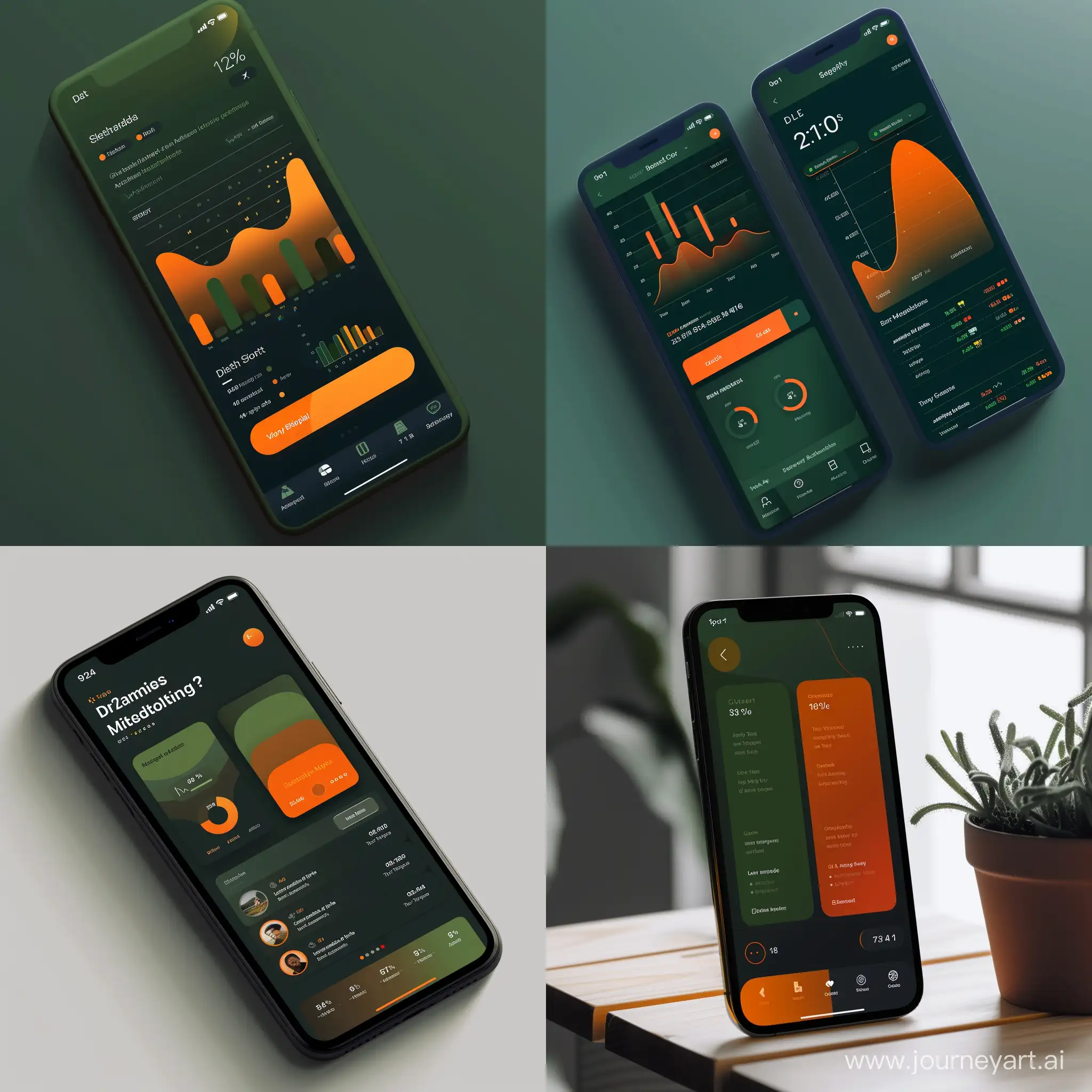 data page of modern ios app with main colors matte green and orange