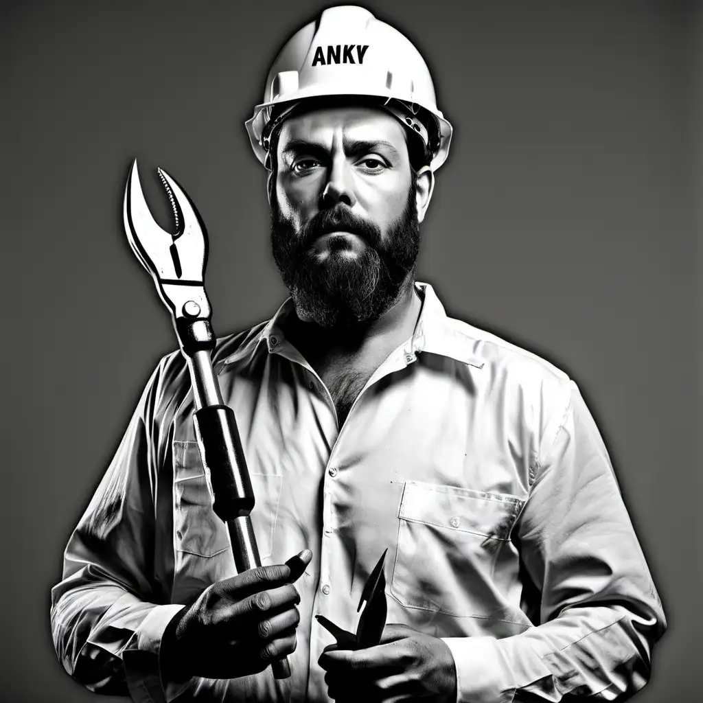 A man with slicked back hair and a beard. The man is holding tools and wearing a hard hat. The man’s shirt says “anky” on the chest. 