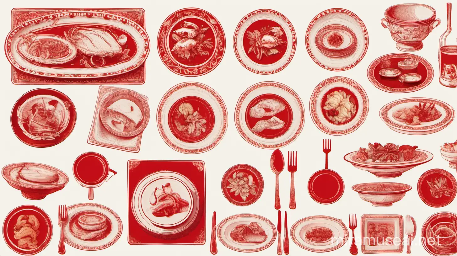 10 imagen de diferentes platos de comida con bordes rojos e interiores blanco hueso. Para un local de comida. 
