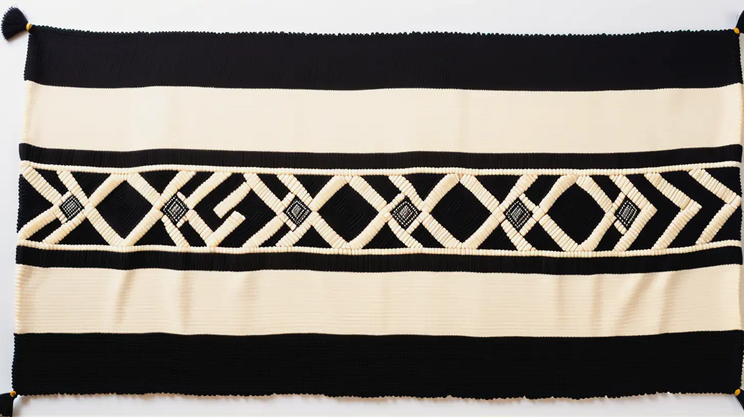 traditional xhosa flat strip with intricate beaded pattern in black and cream, laying flat, view from above

