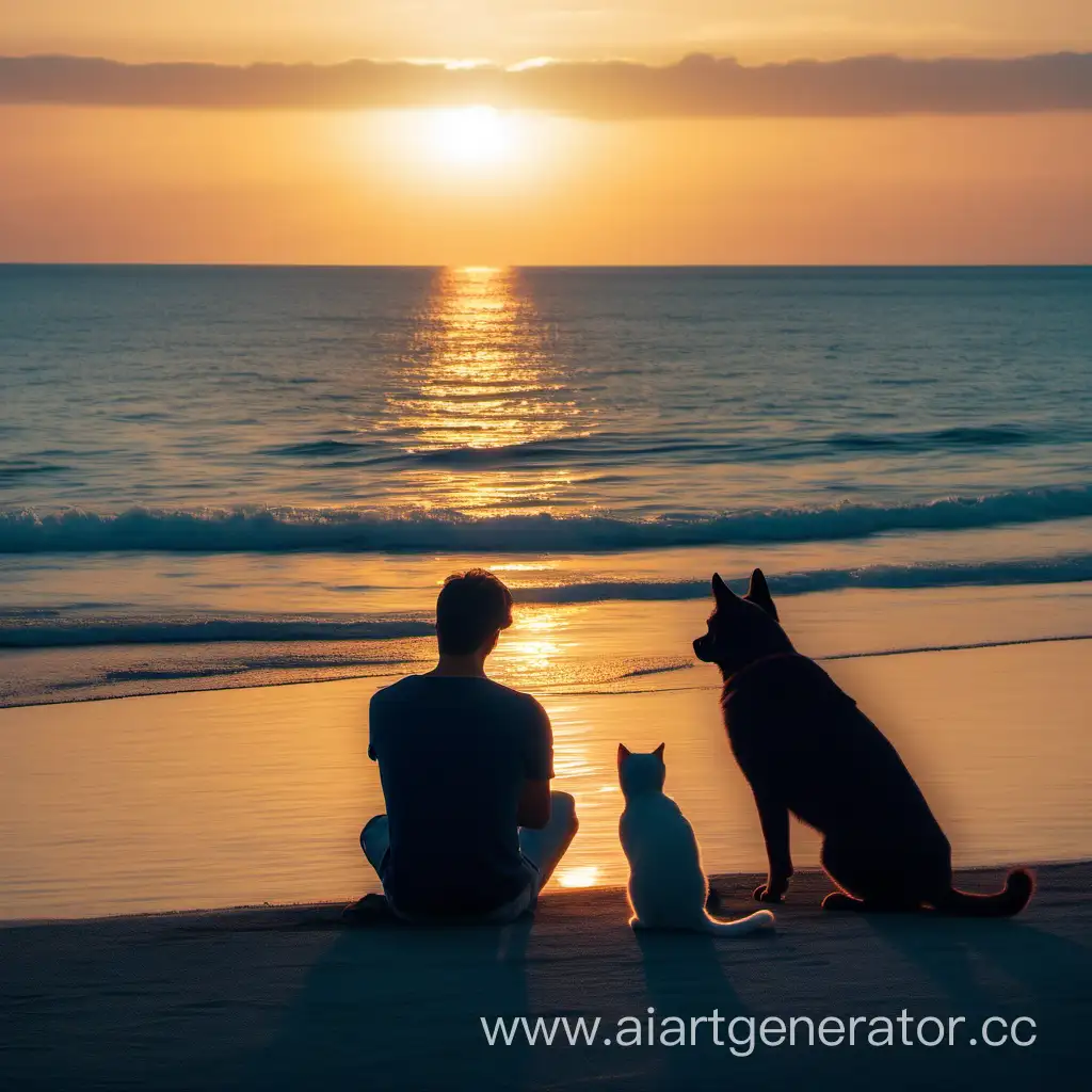 Фотография парня, который сидит на берегу синего моря и наблюдает красивый закат. Рядом с парнем сидят кот и собака.