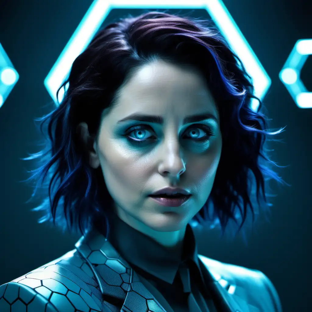  young Actress Laura Fraser as a beautiful futuristic cyberpunk businesswoman. her eyes glow faintly blue. Her hair is very neatly styled. Her skin is flawless. She has as a digital hexagon pattern on  her clothing.