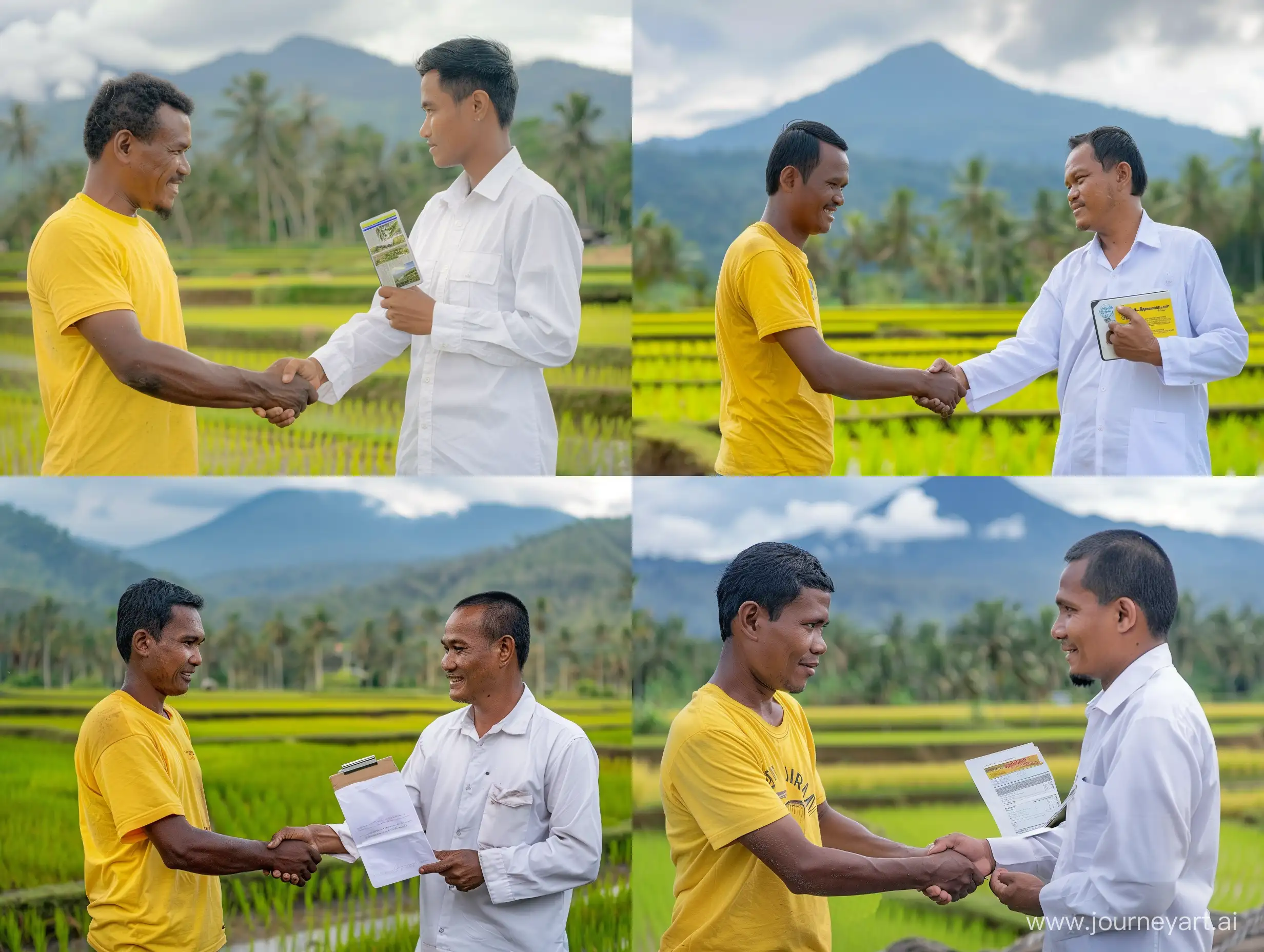 papuan farmer wearing yellow tshirt shakehands with indonesian office worker holding tab, wearing white office shirt, background ricefield with mountain in behind