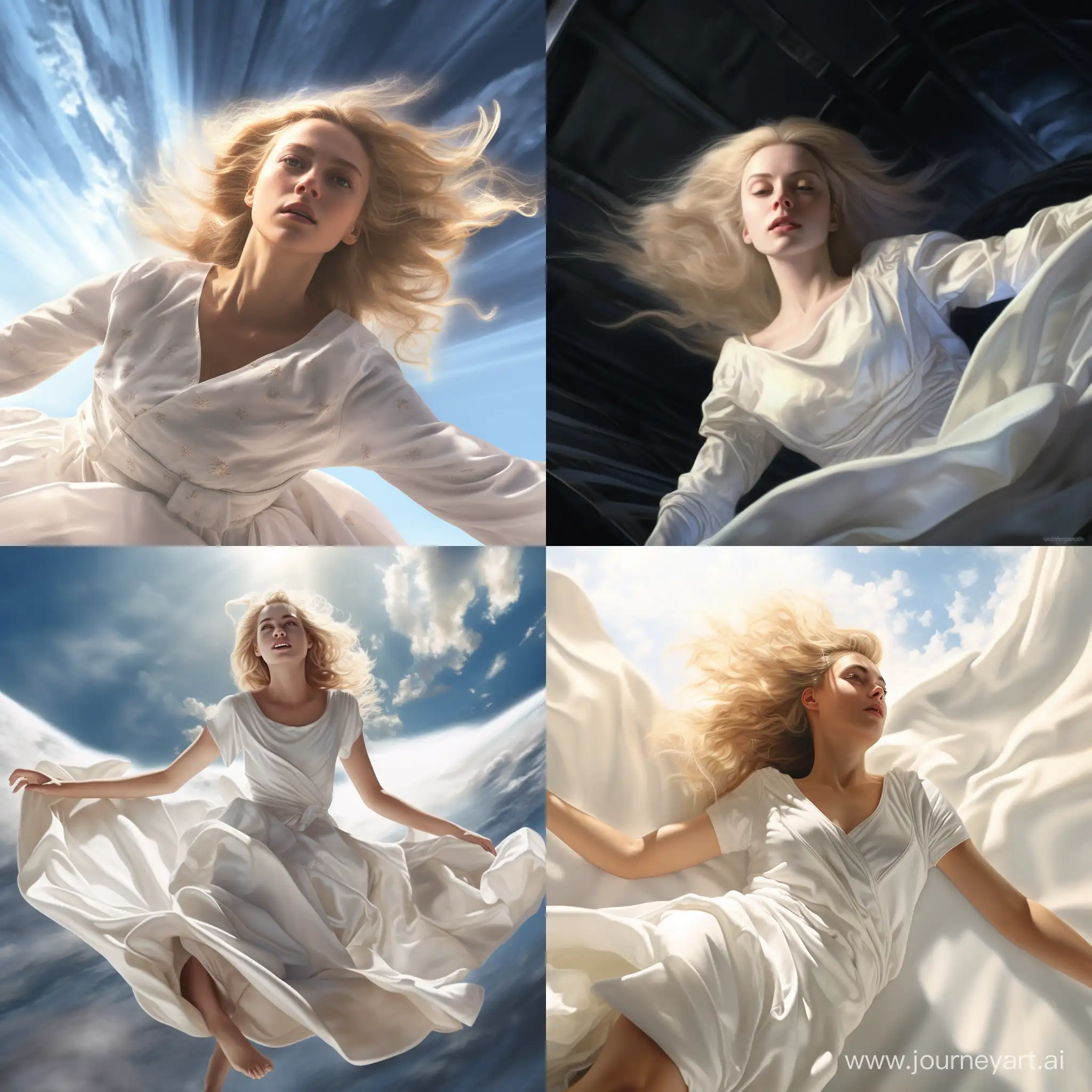 Blonde-Woman-Soaring-Through-Celestial-Beauty-in-White-Dressing-Gown