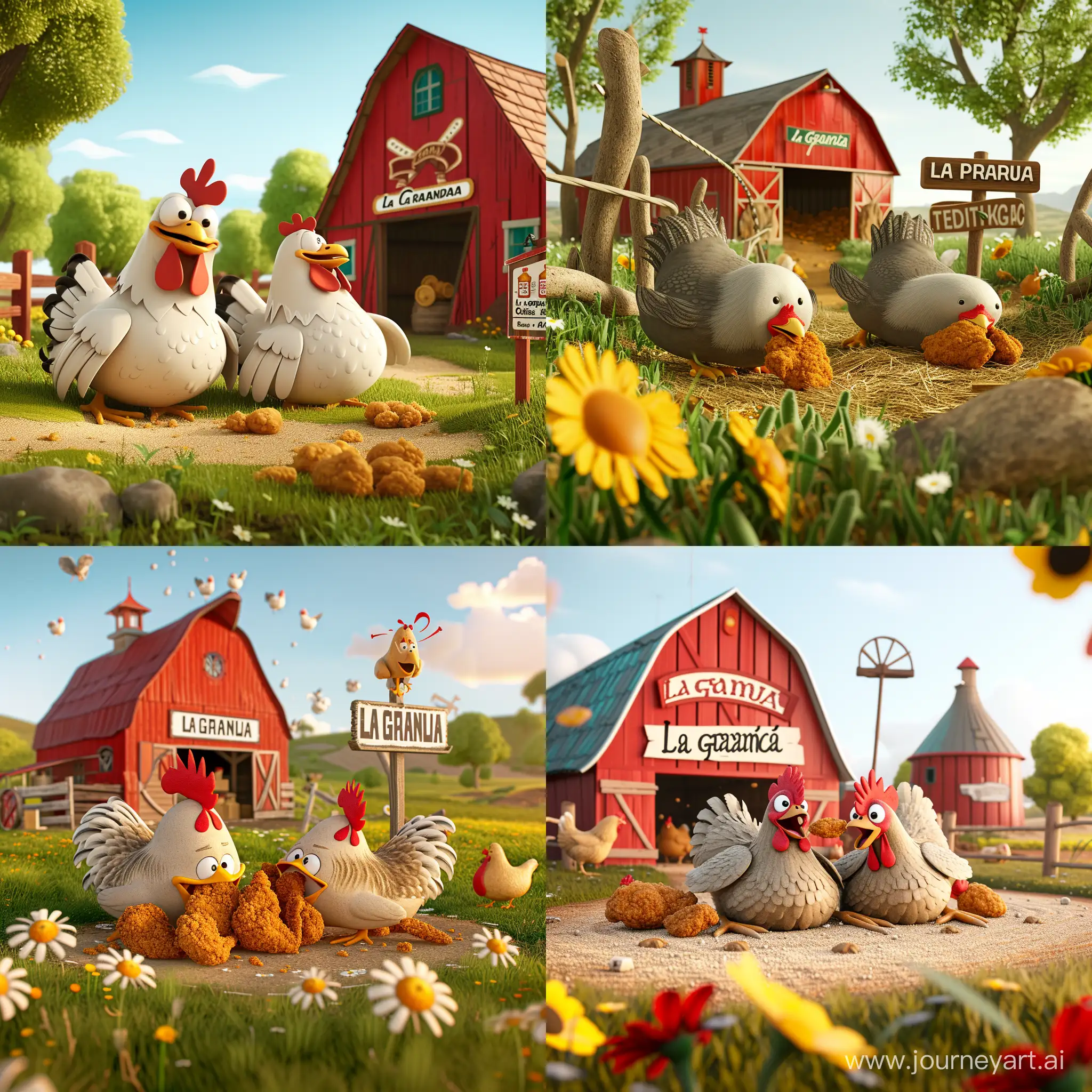 Whimsical-Farm-Scene-Animated-3D-Chickens-Enjoying-Fried-Chicken-at-La-Granja