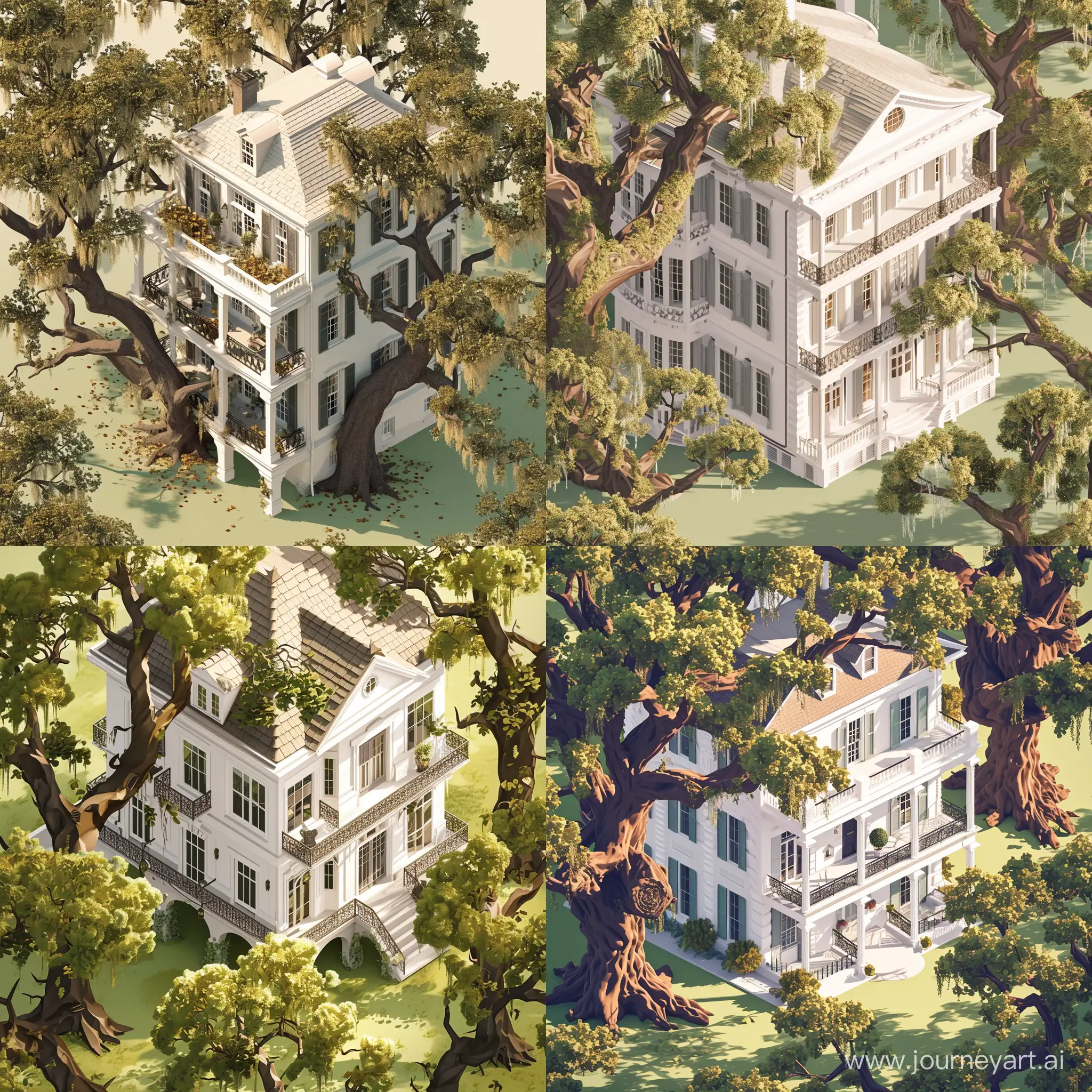3D isometric illustration of a historic two-story house from Savannah, Georgia, featuring white exterior walls, French windows, and distinctive Southern architectural details such as decorative wrought iron railings and a shingled hip roof. The house should be enveloped by ancient live oak trees adorned with Spanish moss, their extensive branches creating a play of light and shadow over the structure and the pristine lawn around it. The scene is set in the tranquil late afternoon with a soft, golden light typical of the South. A gentle breeze should be suggested, with leaves and Spanish moss lightly stirred. The isometric perspective offers a three-quarter view from above the front right side, displaying the balconies and the live oaks' full splendor in equal measure. Render the image in a style reminiscent of a watercolor painting, with soft edges and a subdued palette of natural greens, browns, and whites, to reflect the peaceful, welcoming atmosphere characteristic of Savannah. Place the house off-center in a 1:1 square aspect ratio, creating a balanced composition that emphasizes both the historic home and its lush, natural setting.