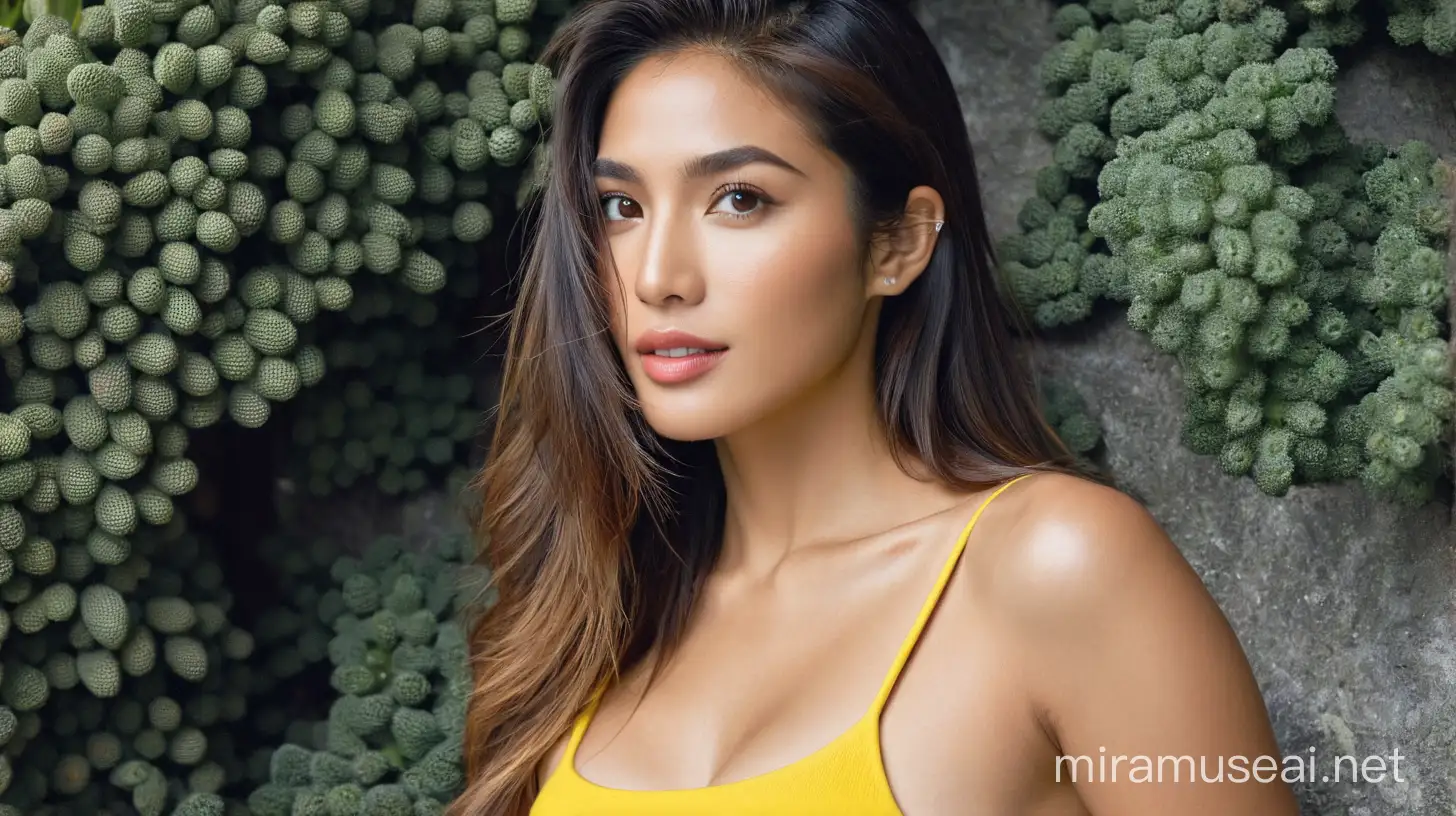 A Filipino woman with an appealing aura to men in the U.S and in England. The face is a Sanya Lopez, a Filipino artist, look-a-like. Photo must be covering until the upper body.
