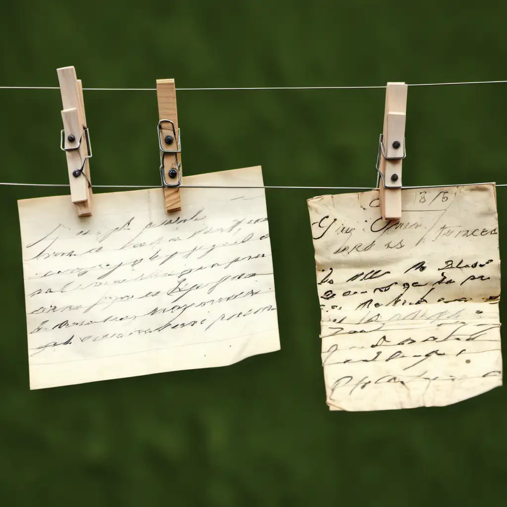 Drie oude handgeschreven beievenen, die met wasknijpers aan een draad hangen te drogen,
Close-up
 