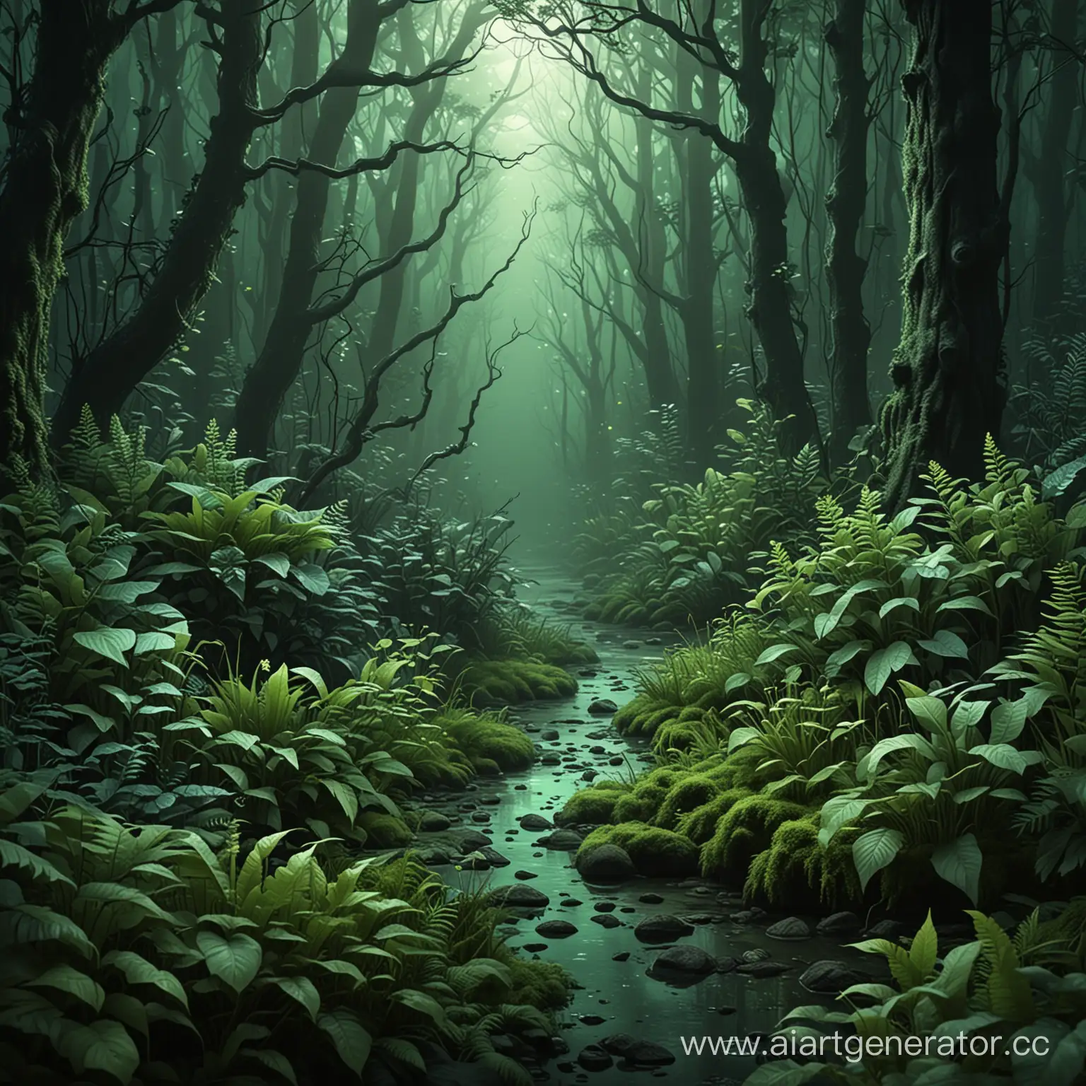сделать реалистичный фон с загадочным лесом и необычными светящимися растениями в зеленой цветовой гамме