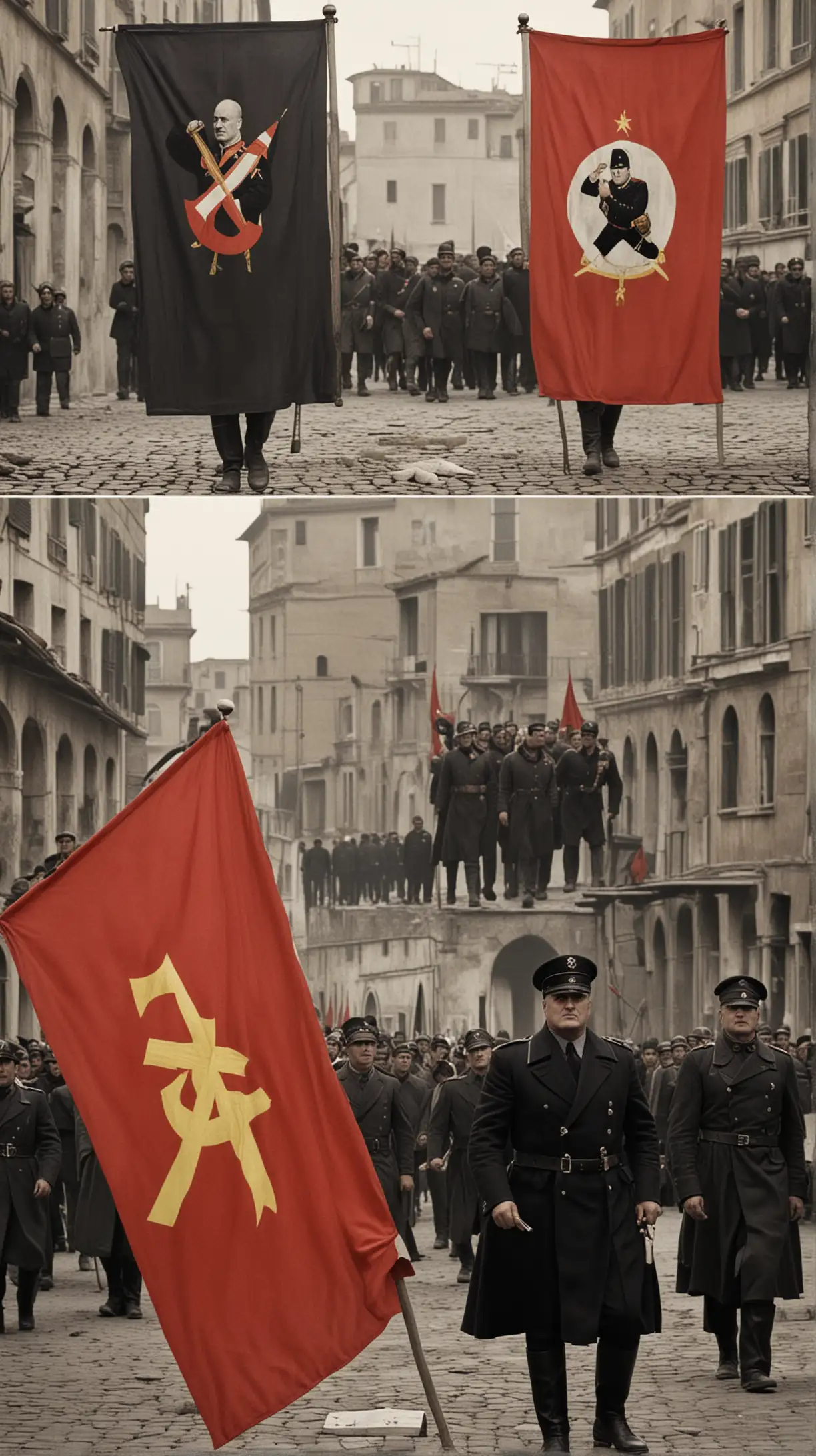 Scene: Show a split image of Mussolini holding a socialist flag and a fascist flag)
Background: Rome
