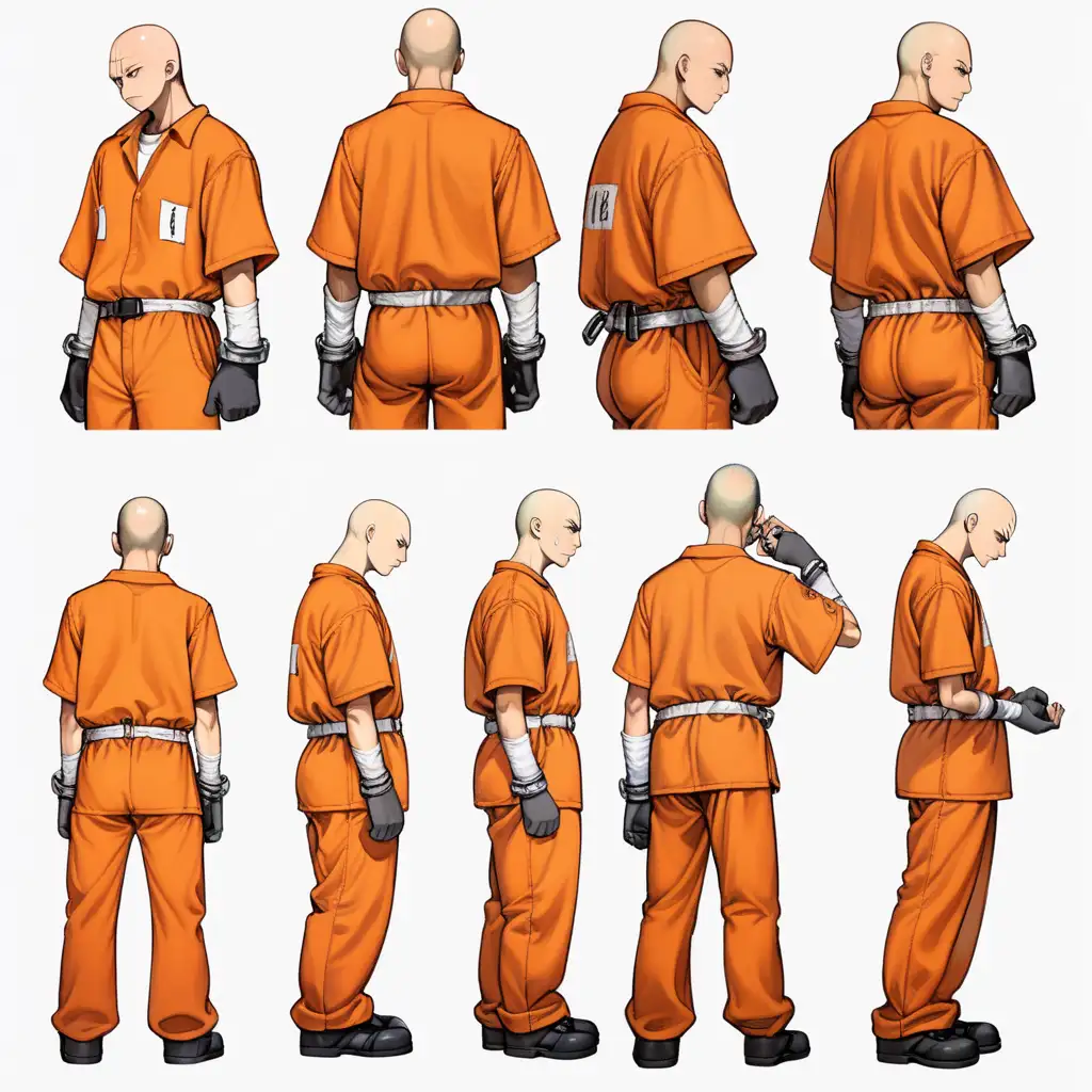 Shaved Head Male Prisoner in Orange Jumpsuit with Broken Handcuffs