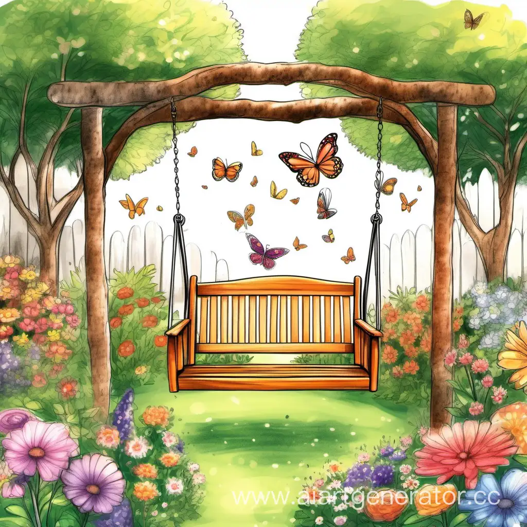 нарисуй красивый сад усыпанный цветами ,в воздухе летают бабочки, акцент на садовую качель на которой сидит бабушка с дедушкой в обнимку