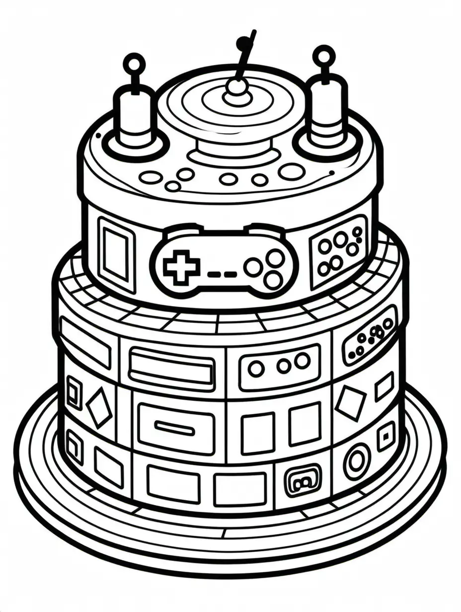 colouring page, a unique cake, resembling retro video game graphics keep the whole cake all White with black outline for easy colouring, No grey shades, solid white background