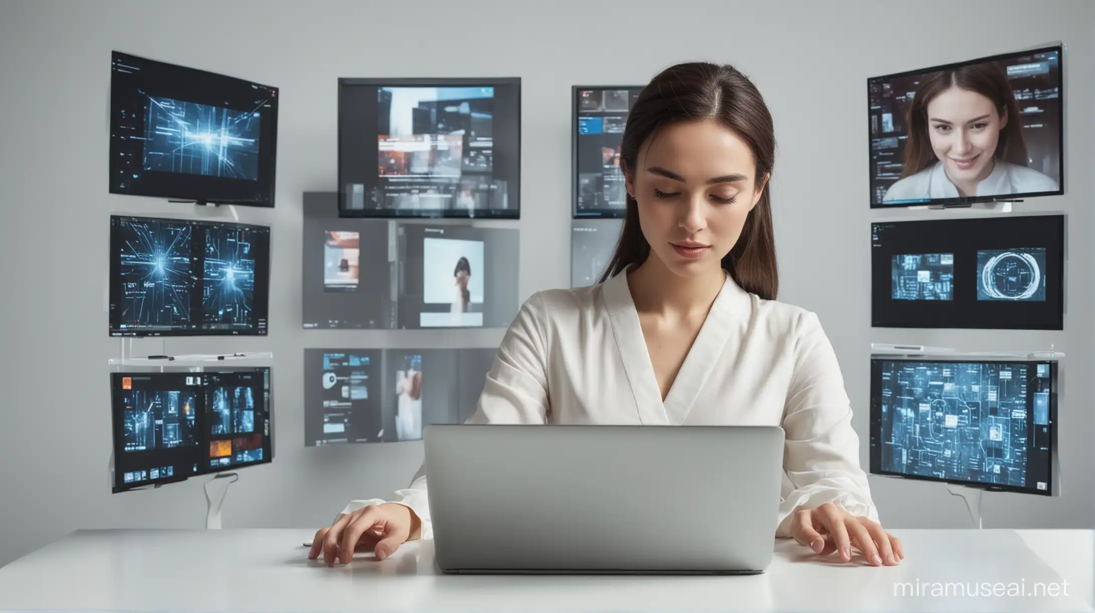 a woman surrounded by 3 digital virtual screens while using a laptop