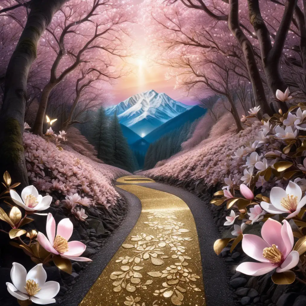 Enchanting Forest Path with Glittering Butterflies and Magnolias
