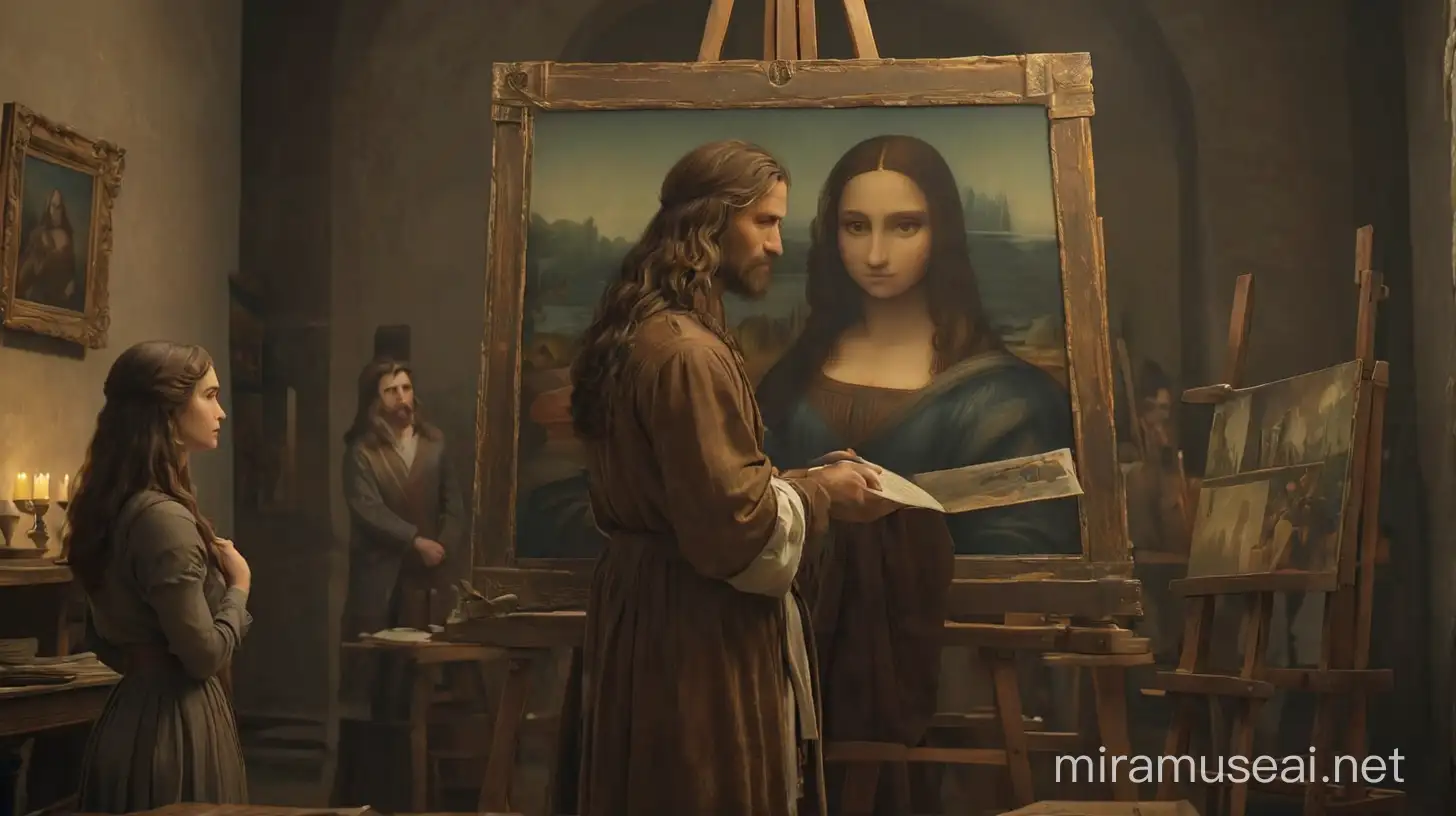 Leonardo da Vinci Admiring His Finished Mona Lisa Painting