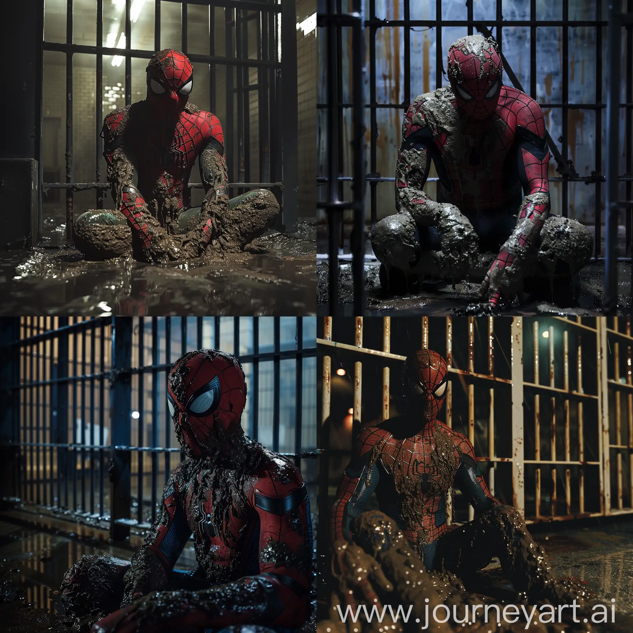 Muddy-Spiderman-Captured-in-Nighttime-Prison-Cell
