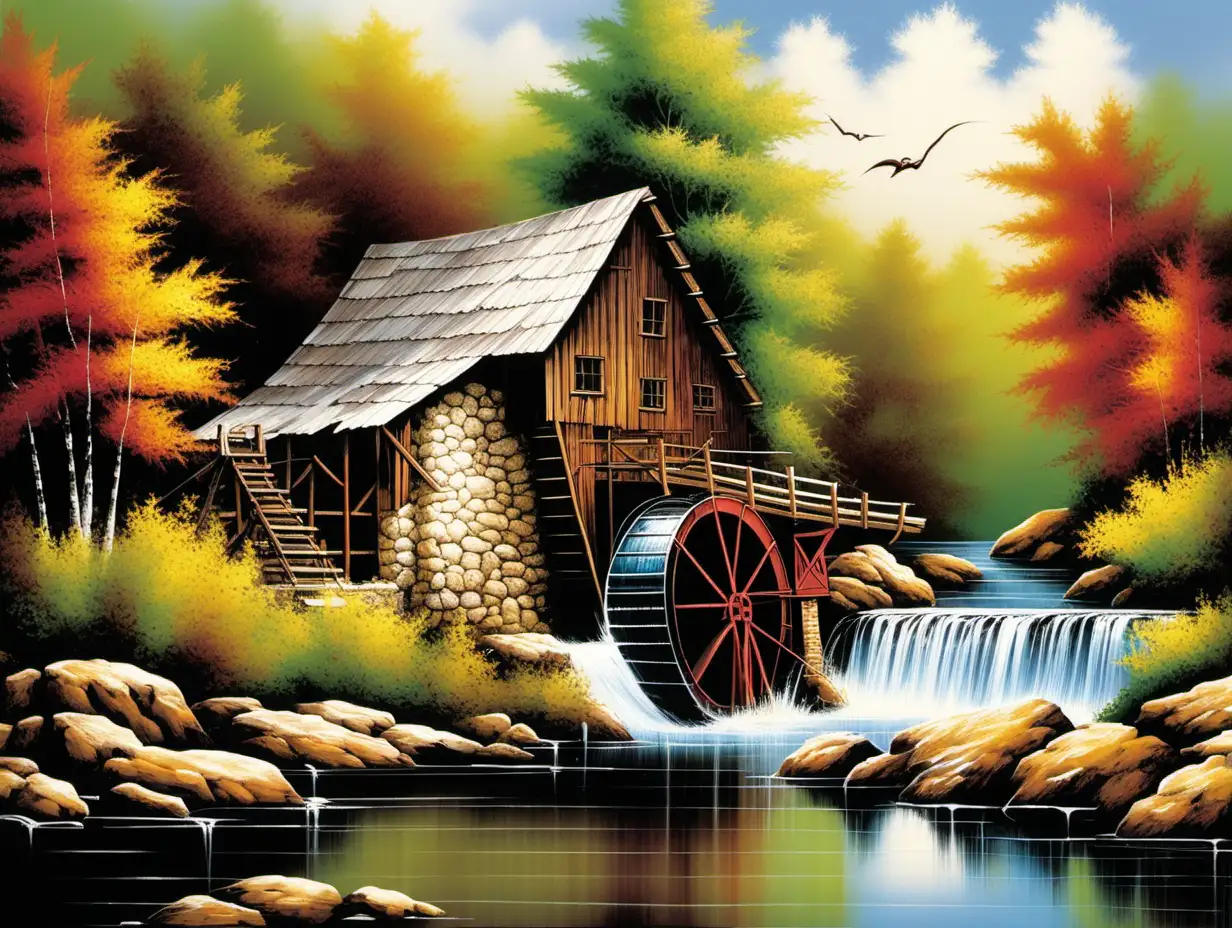 Tranquil Scene Bob Ross Inspired Vintage Water Mill and Fishing