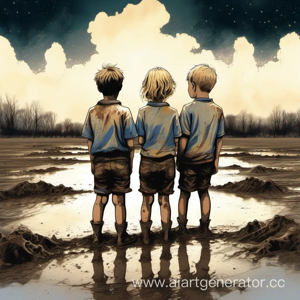 three boys and one light-haired girl standing knee-deep in mud and looking at the sky with hope