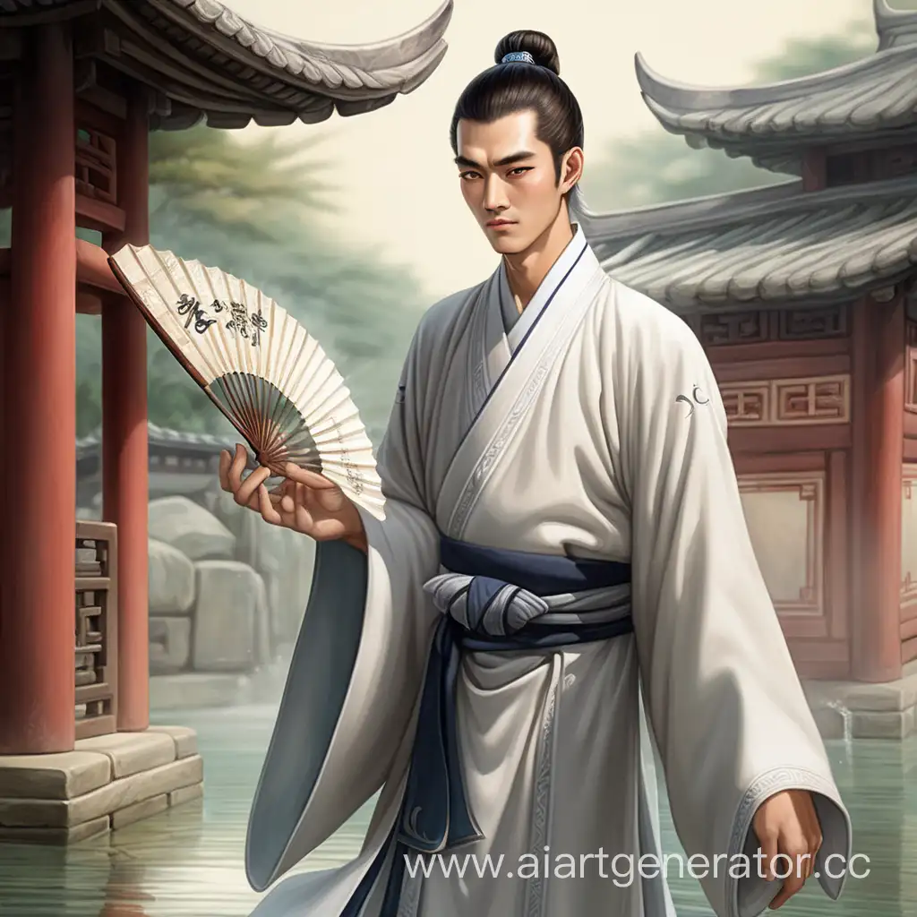 Delicate-and-Handsome-Shi-Wudu-in-White-Robes-with-Water-Master-Fan