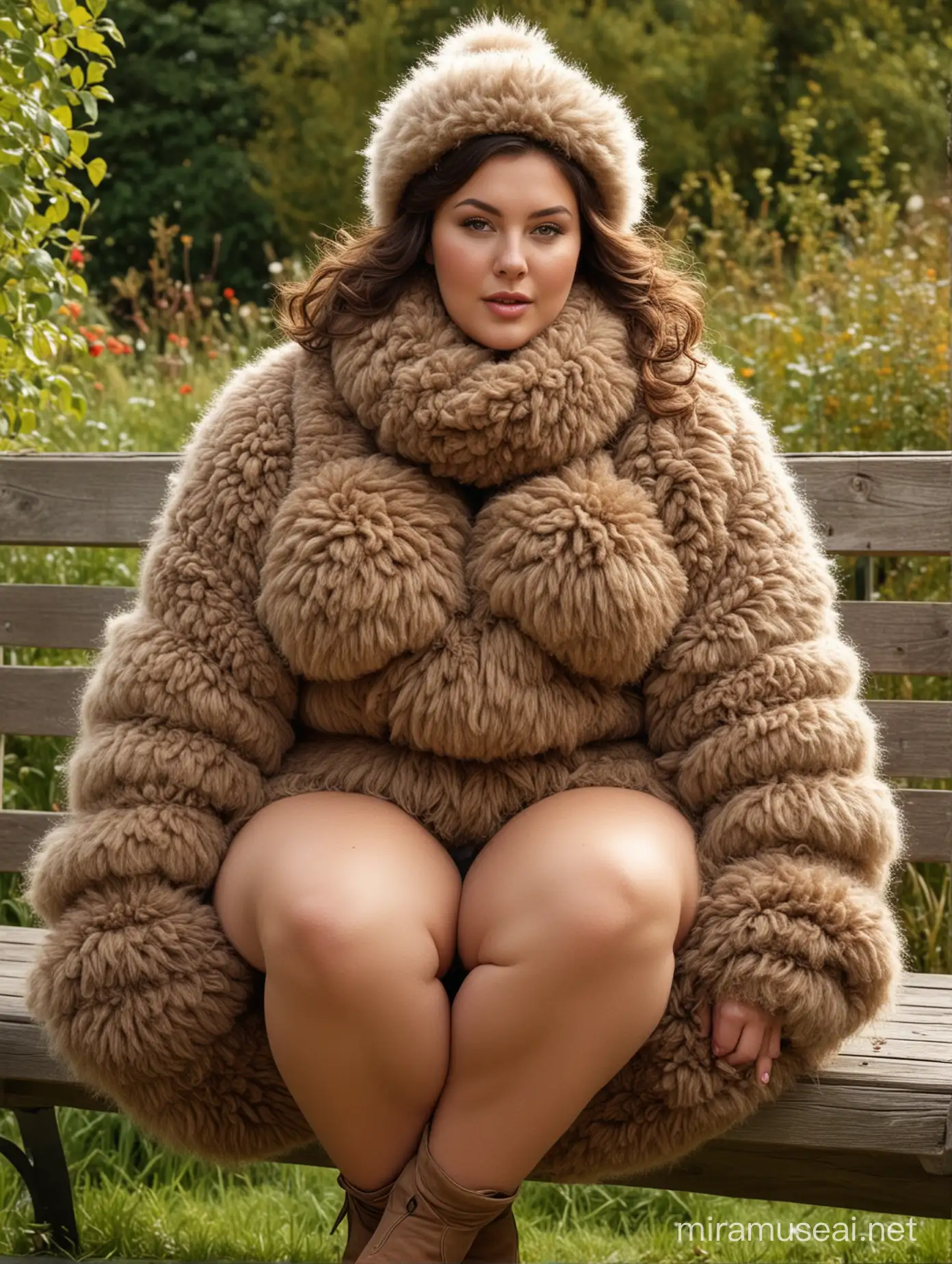 brunette plus-size curvy woman with huge fat outsize boobs sitting on a garden bench, wearing a huge extremely thick mulit-layered, extremely heavy thick fuzzy wool outfit (full body suit, sweater, dress, scarf, hat etc.)