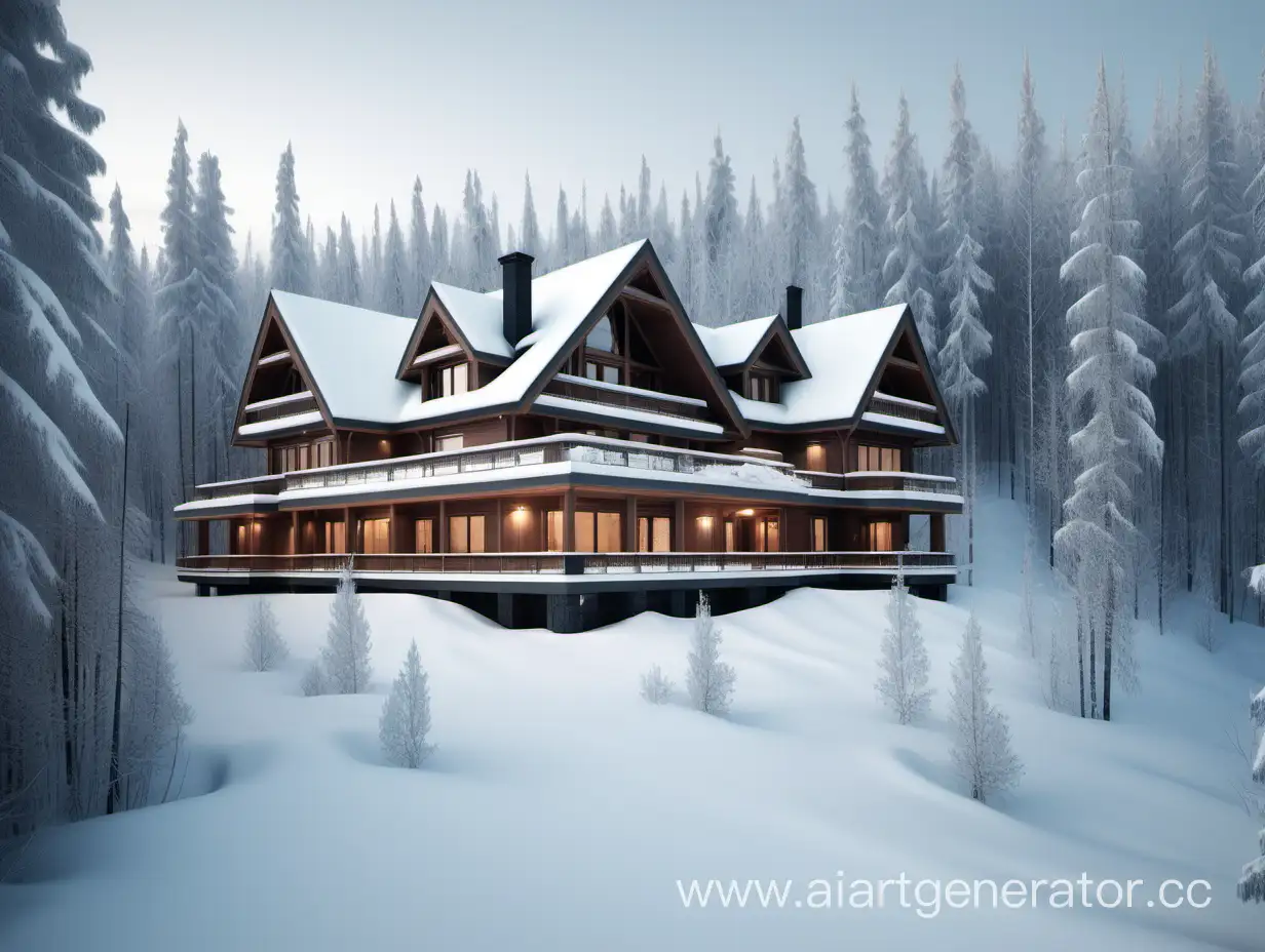 Богатый особняк, построенный в таёжной глуши, зима, ультра-высокое разрешение