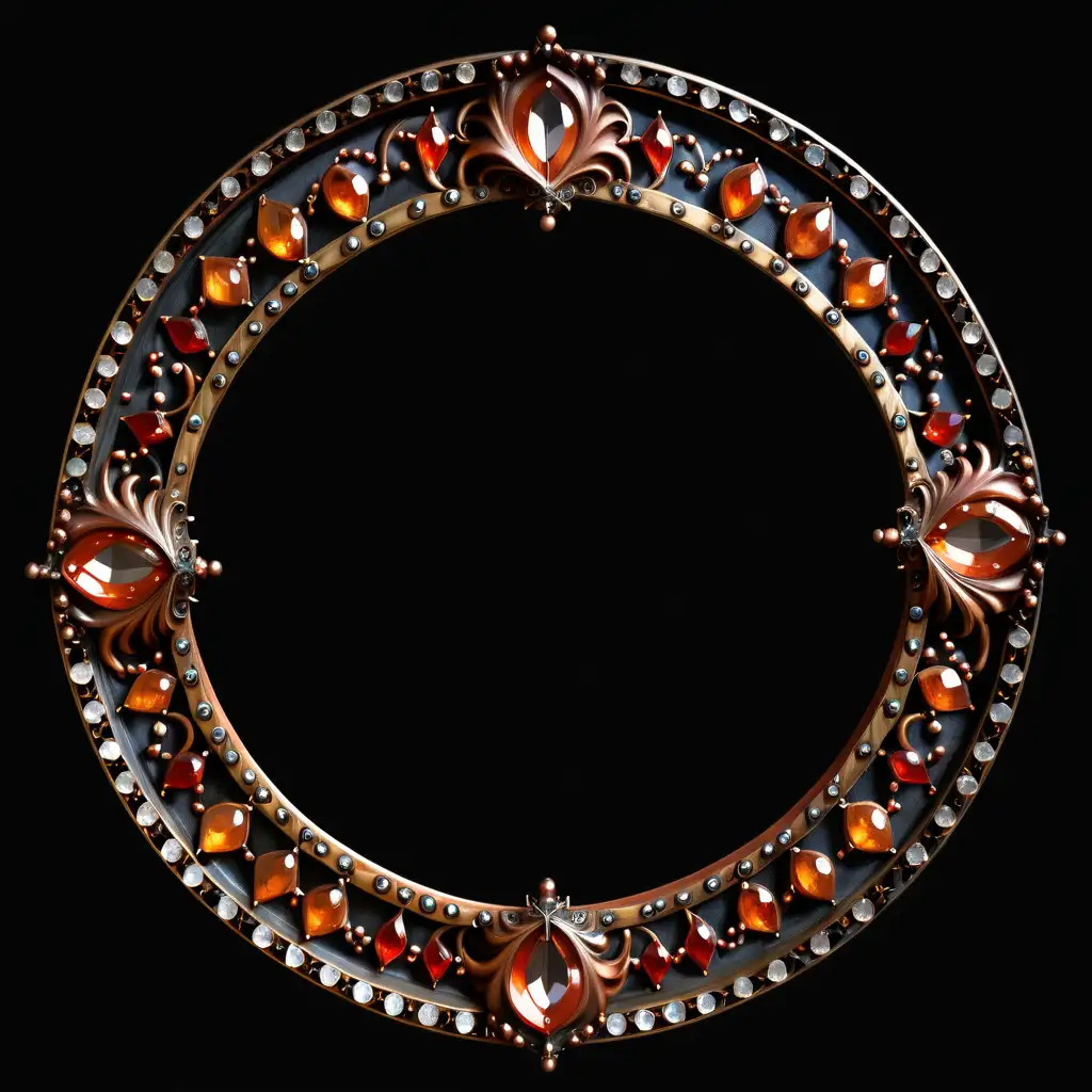 a gothic circle frame made of bronze color,  clear jewels and russet  jewels accents.  nothing in the center. black background.