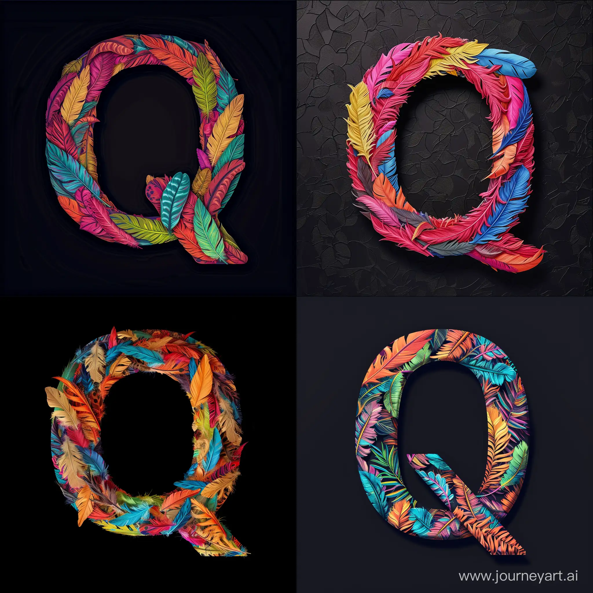 abstract letter Q made of colorful tropical feathers on a black background with intricate textures and details  --v 6