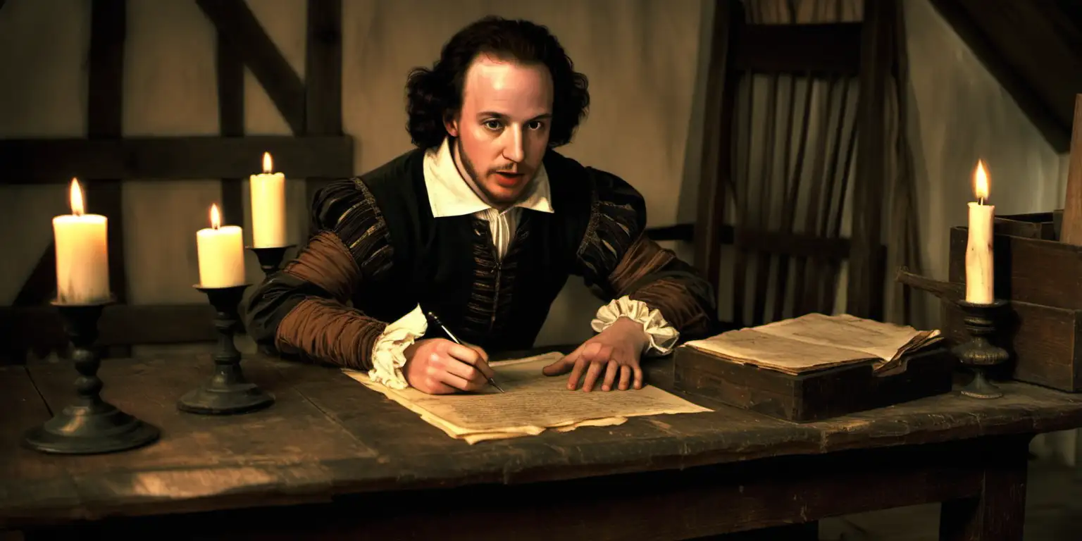 A color photo of a 26-year-old William Shakespeare, sat at a candlelit desk in a small room, quill in hand writing on parchment paper. He has a tormented, pained look on his face. Exposed wooden beams, a simple bench and small book shelf. a basket full of crunched up paper is on the floor. the year is 1595.