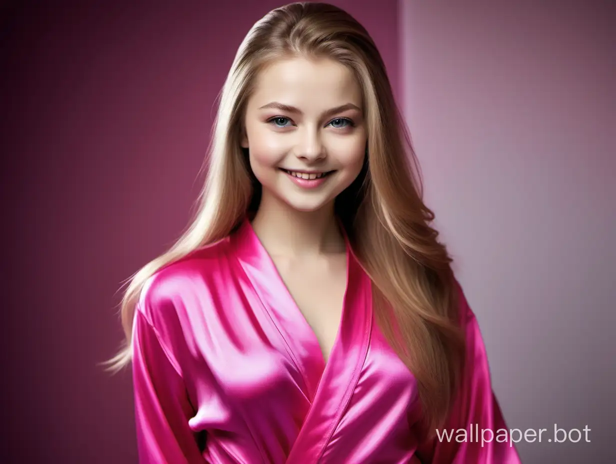 Gentle, Sexy, sunny Yulia Lipnitskaya with long straight silky hair beautifully smiling in Luxurious Pink fuchsia Silk Robe