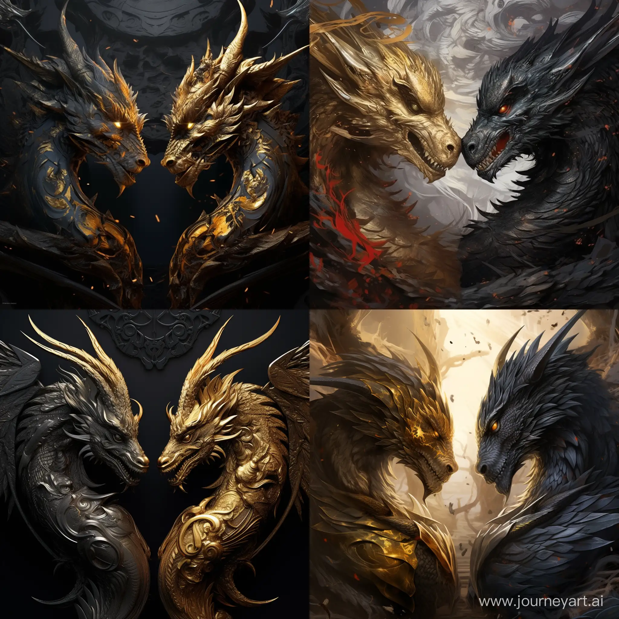 dos dragones estilo juego de tronos, uno negro enorme y otro mas pequeño color dorado