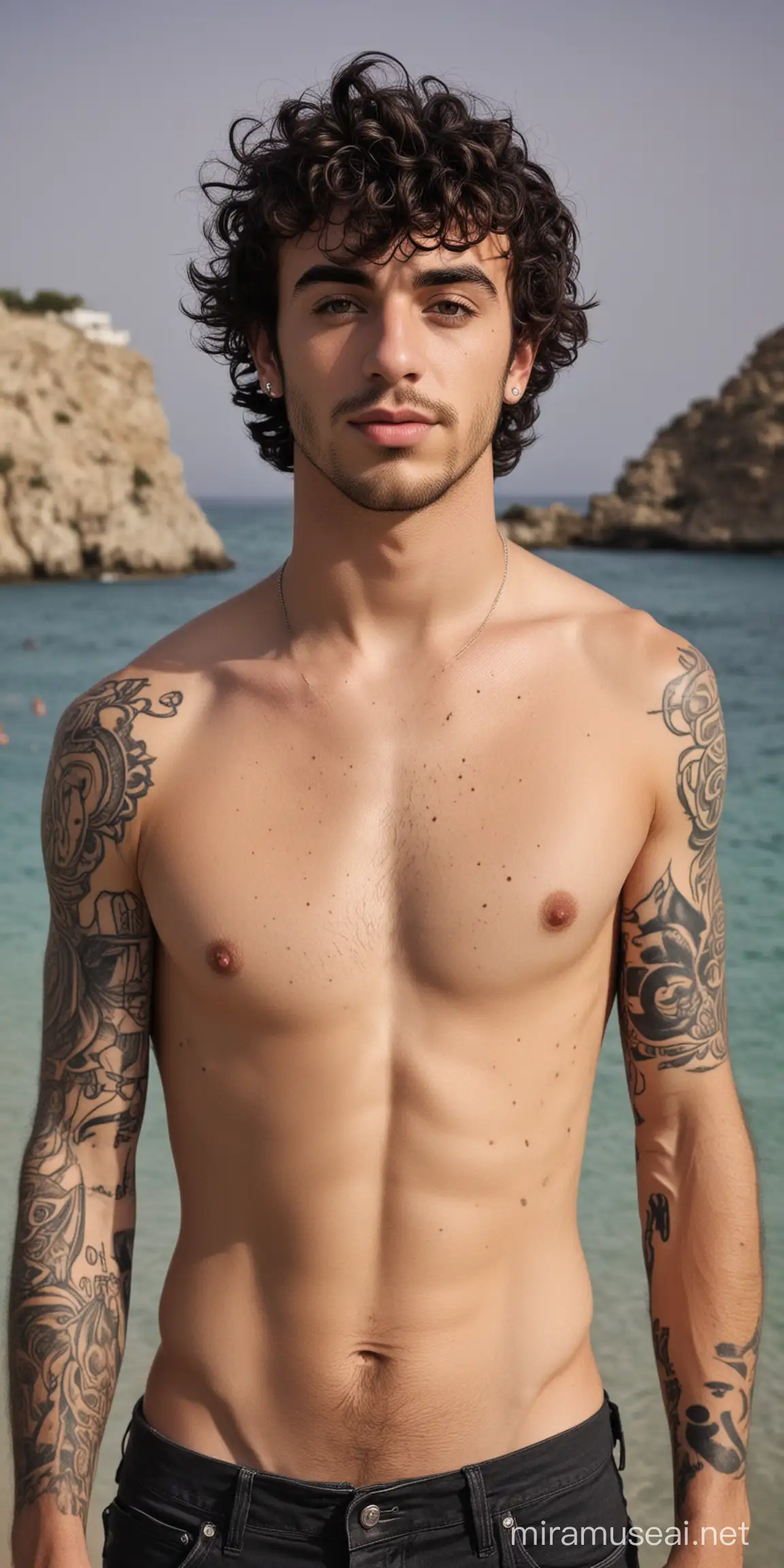 Generate an image of a man that looks like a combination between Taylor York and Oli Sykes, he has dark curly hair, he is lean but muscular, he is a rock star, he is in Greece on holiday, he has tattooes