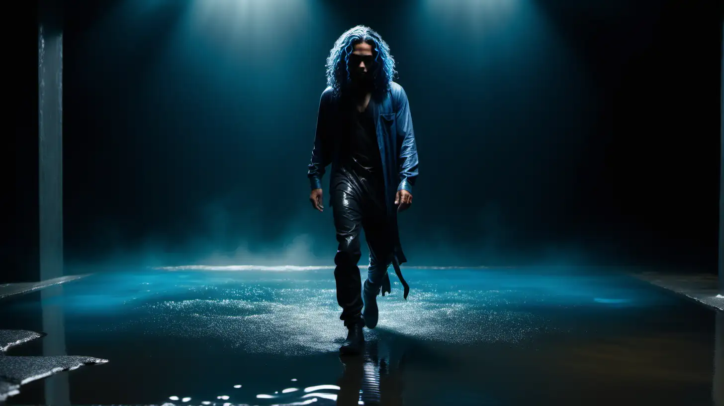 A cinematic scene shot with a Sony cineAlta extreme long shot of mixed peurto rican man with long curly hair emerging walking on a reflective floor dripping water from a black dark abyss with a blue hair light. very futuristic clothing (after earth)
