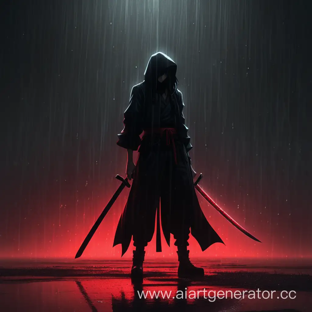 Аниме стиль, черная бездна, в которой стоит человек в черной одежде и с катаной в руке, вокруг мрак и тьма, льет красный дождь