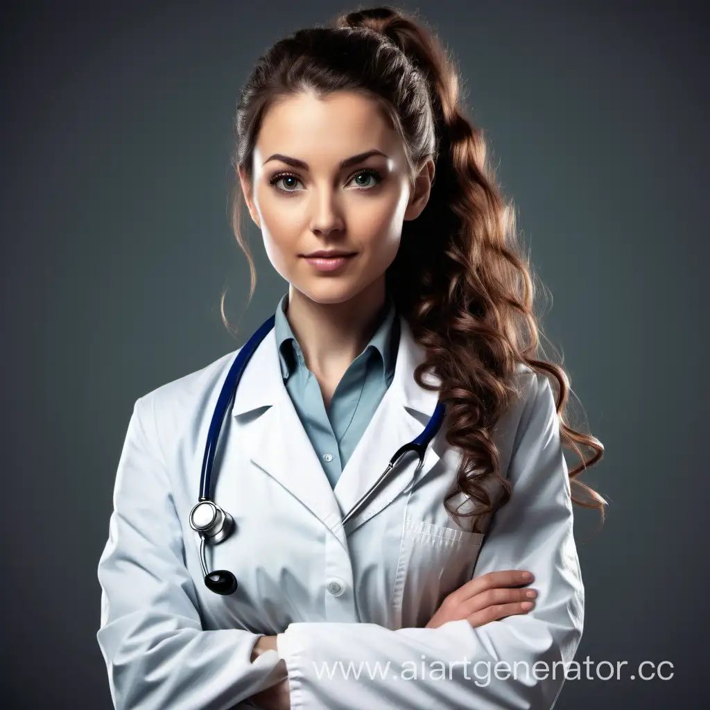 Нарисуй женщину врача гинеколога брюнетку с длинными кудрявыми волосами собранными в хвост и  серыми глазами и в белом халате на работе


