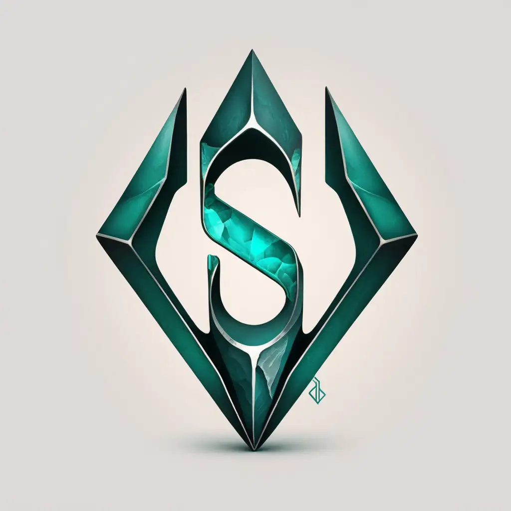 "S" pressivo BAND logo super simple and elegant, post-modern conceptual. The shape is a piece of a gemstone roughly chiseled. Color ranges from ice blue to deep jade green. It is slightly illuminated from inside and encapsulated in  forged iron. Style is an epic hand drawing. Remember, this goes on a calling card so it has to be simple.