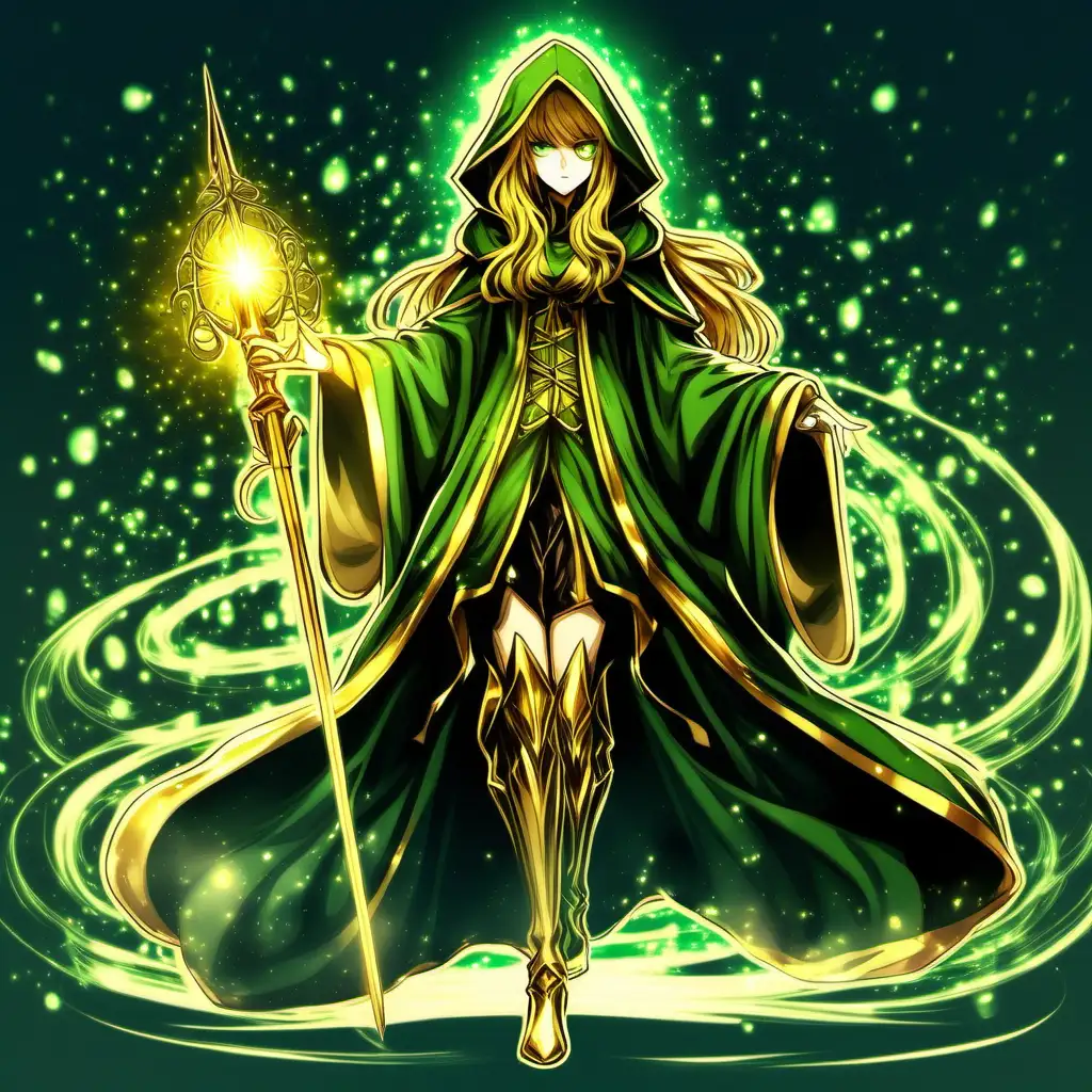 Enchanting Anime Sorceress in Green and Gold Robes with Glowing Scepter