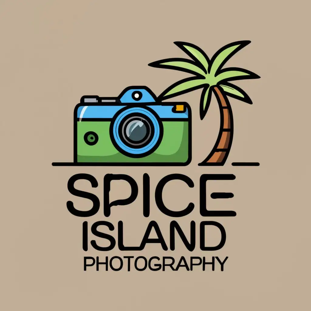 logo, Simple Cartoon digital camera, palm tree, Spice Island Photography, with the text "Photography", typography, be used in Retail industry