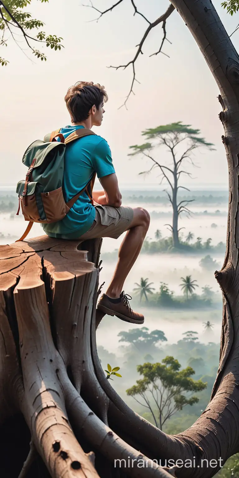 A back view of a young man with a backpack sitting on a big dead tree trunk looking at the horizon.