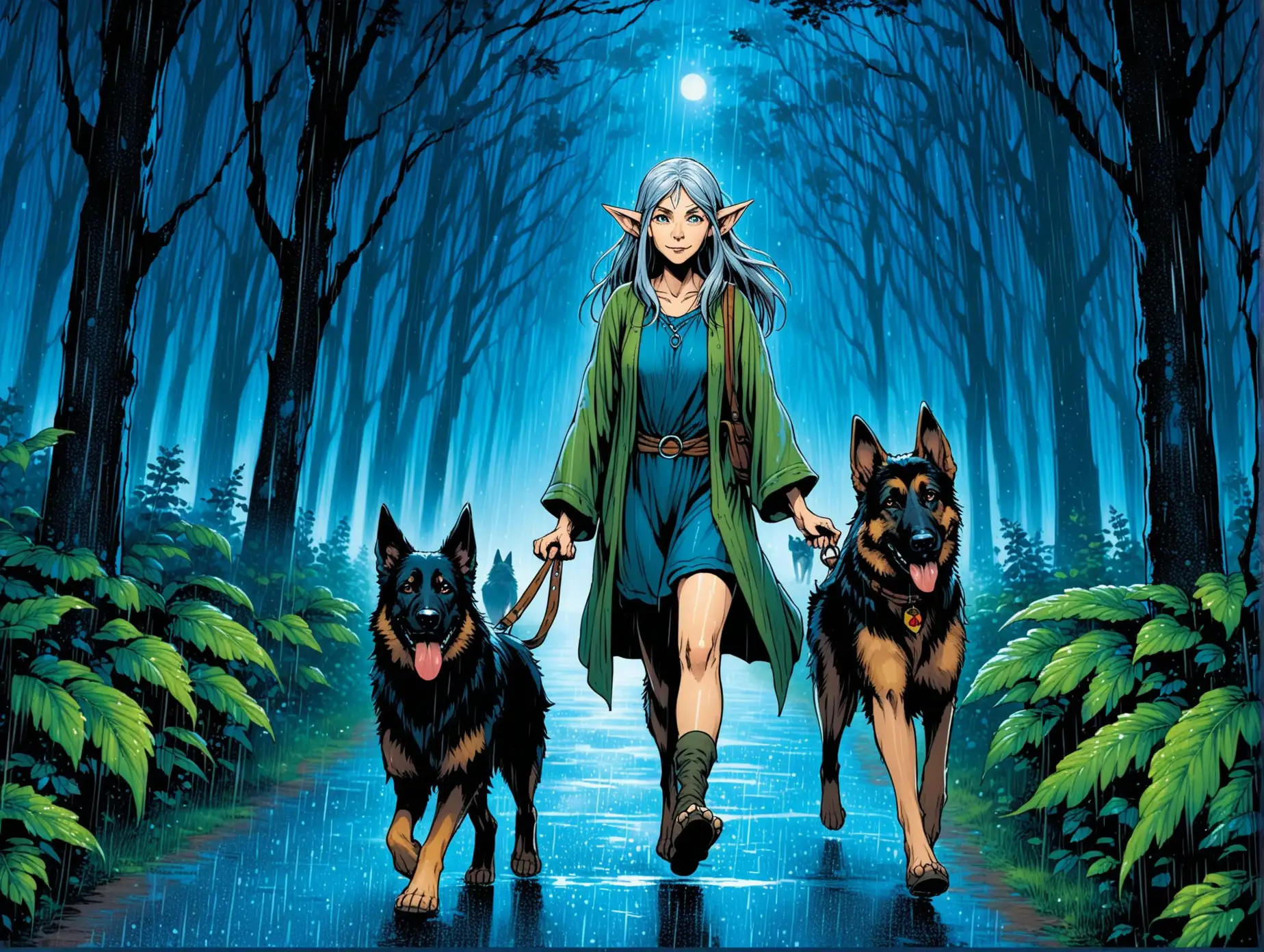 Hippie Middle-aged grey haired female goblin with pointed ears walking one german shepherd dog in blue night forest in the rain. 