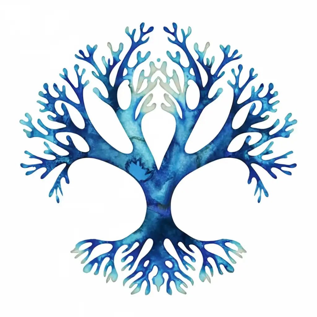 a logo design,with the text "tree", main symbol:blue and light-blue color of asymmetric Sea fan look like a tree, sharp few leaf, thin blue stem, no root, algae, isolated on white background. without bubble. Watercolor hand drawn illustrations as a logo, without logo name,complex,be used in Construction industry,clear background